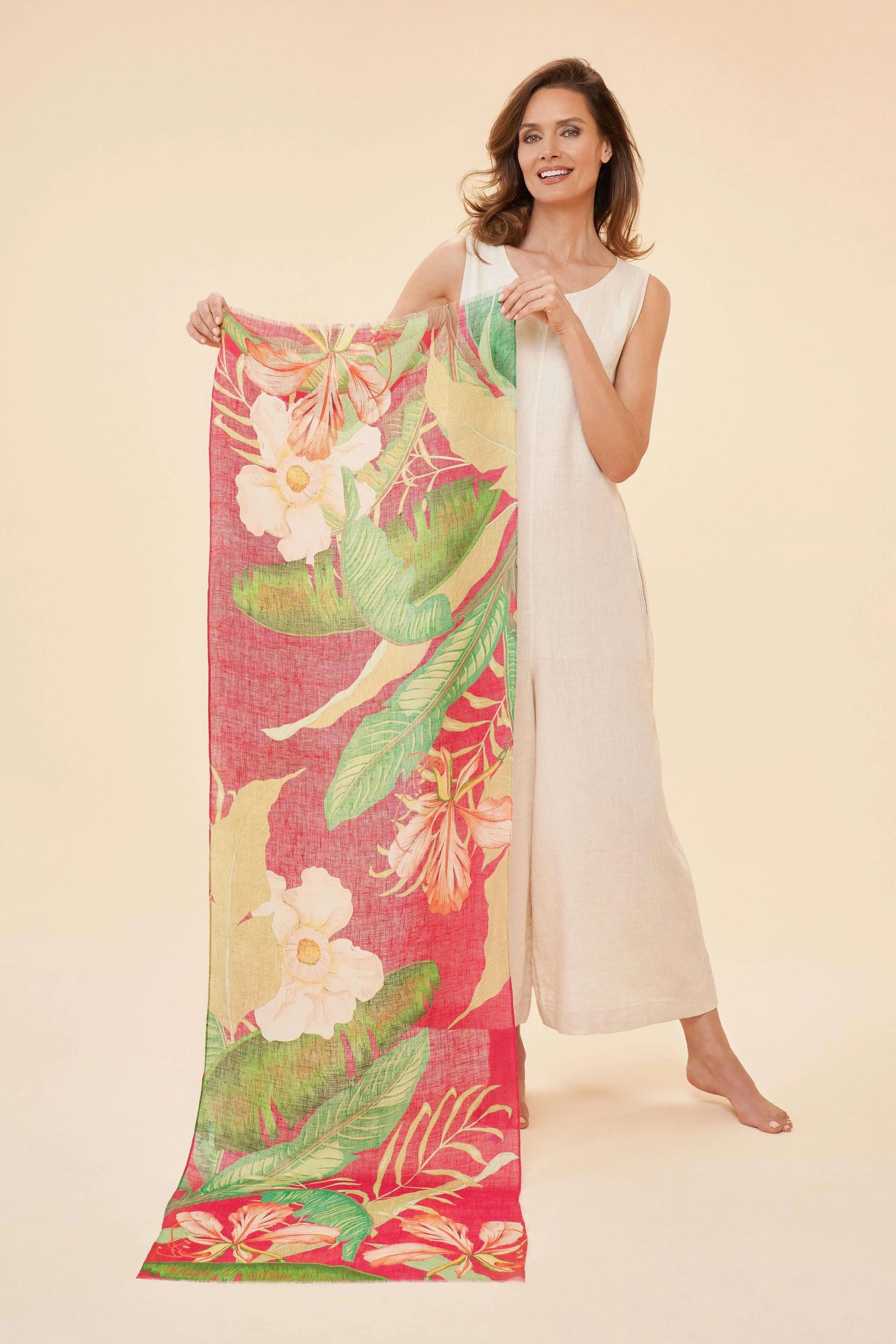 Powder 100% Linen Tropical Dar Rose Scarf - Red/Green