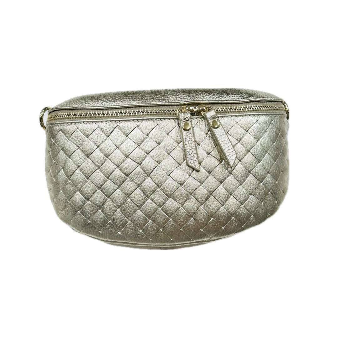 Elie Beaumont Designer Leather Woven Quilted Sling Crossbody Bag - Metallic Gold (GOLD Fittings)