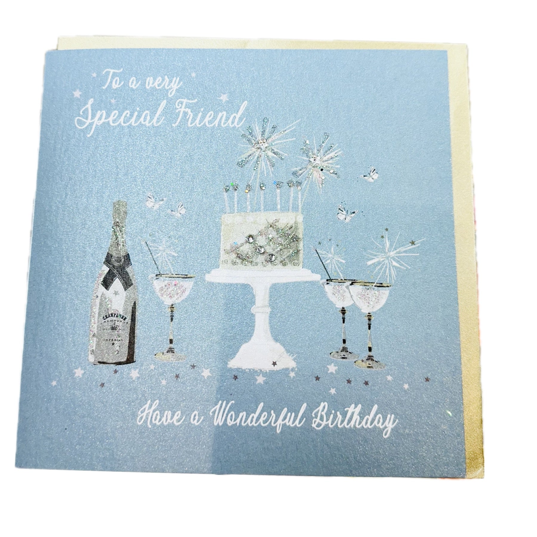 Special Friend Birthday Teal Blue Sparkly Cake & Glasses Card - White Cotton Cards