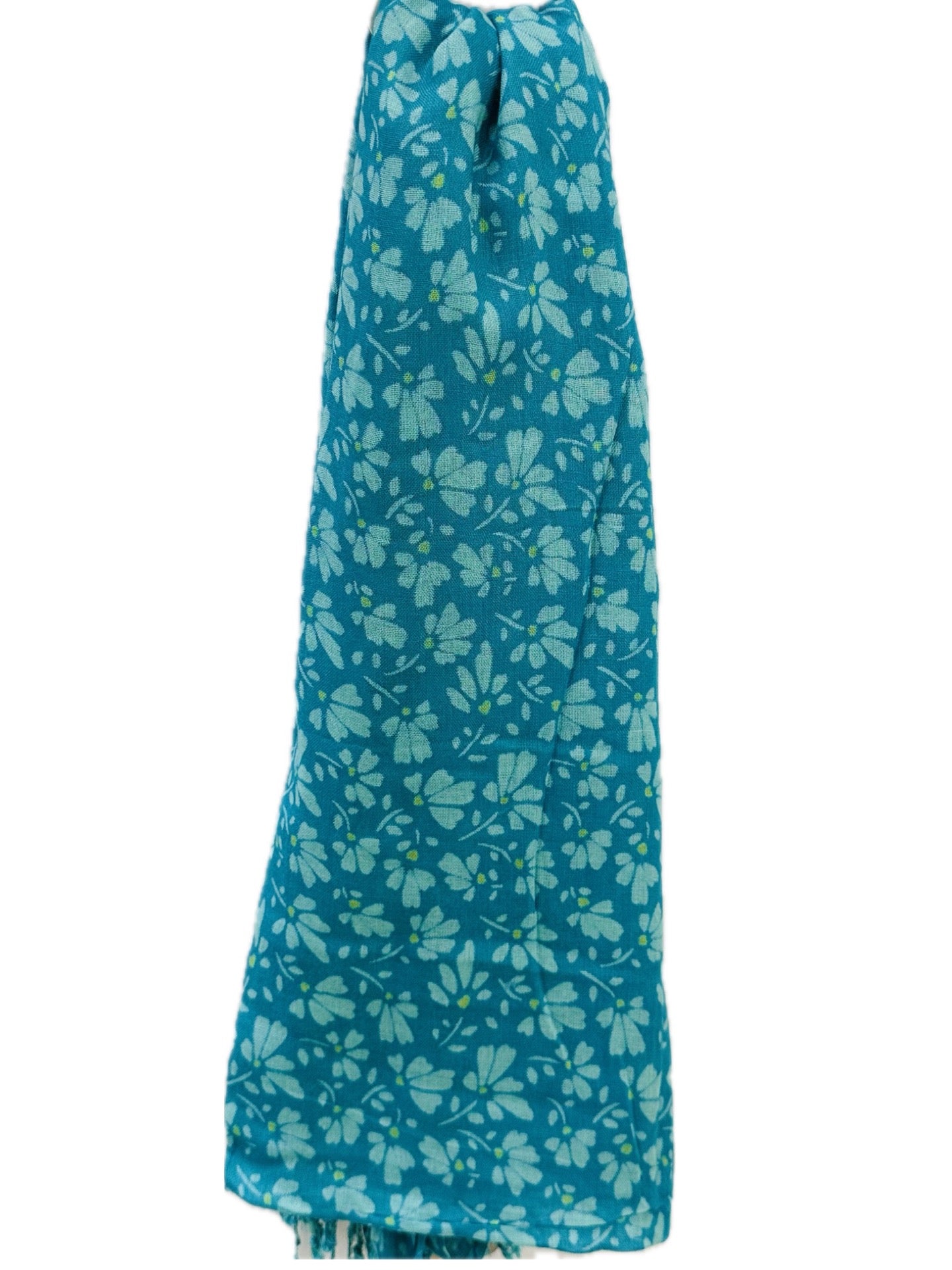 POM Teal Butterfly Flower Print Modal Scarf with Fringe Trim