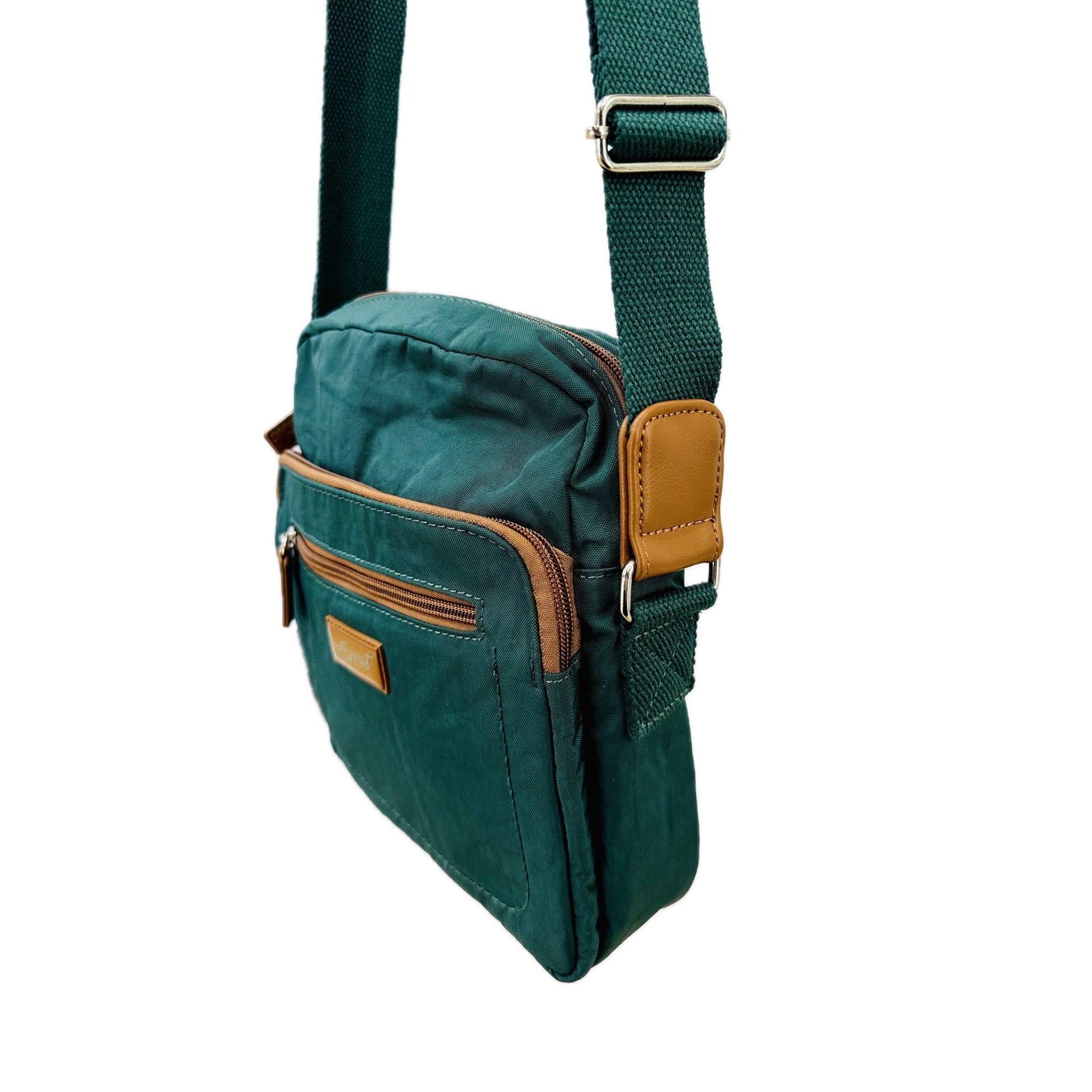 Spirit (5766) Lightweight Crossbody Multi Zip Handbag - Forest Green/Tan