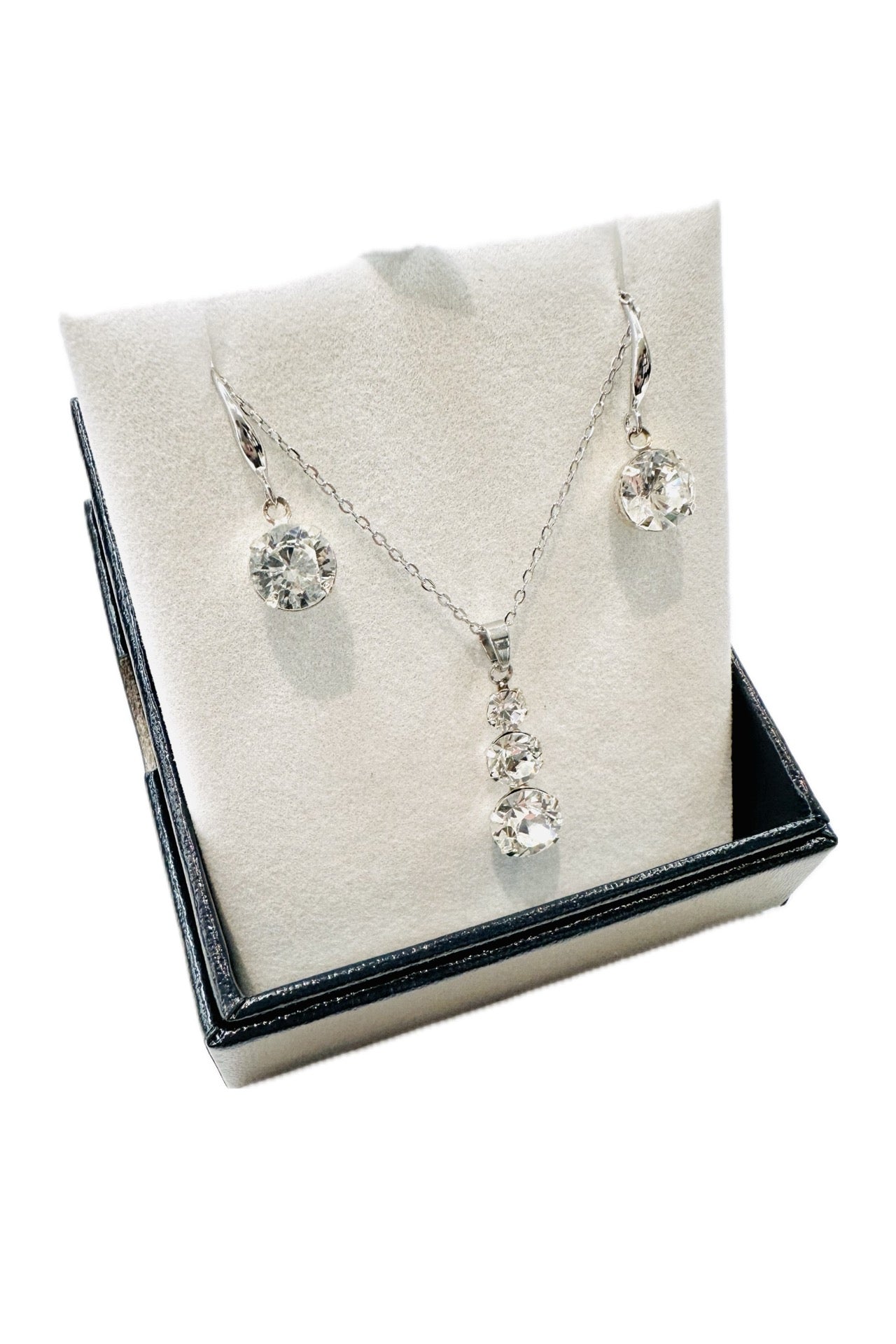 Byzantium Necklace & Earring Set - Triple Crystal Pendant & Crystal Round Drop Earrings