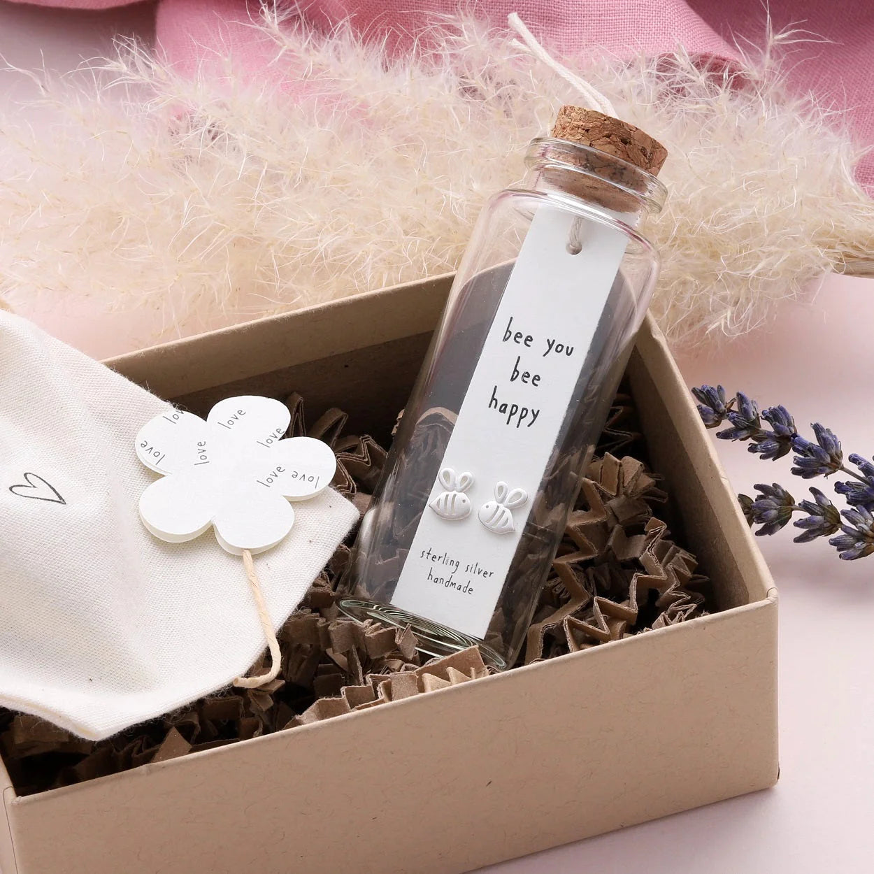 Bee You Bee Happy - Message in a Bottle - Matt Silver Bee Stud Earrings - Sterling Silver