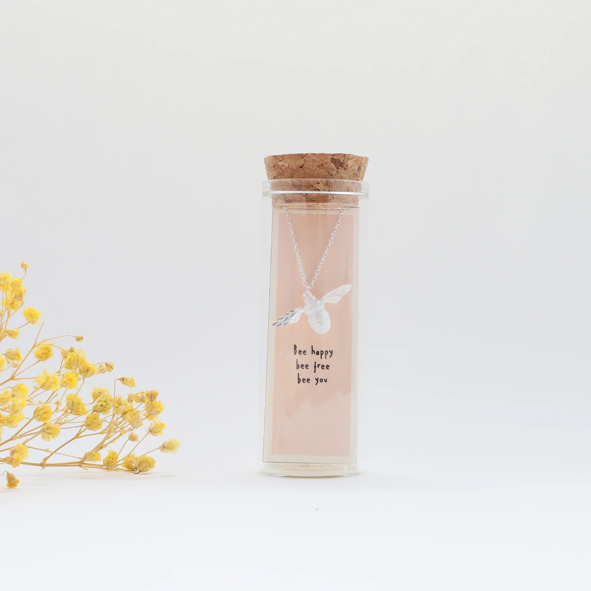 Be Happy Bee Free Bee You - Message in a Bottle - Sterling Silver Bumble Bee Necklace
