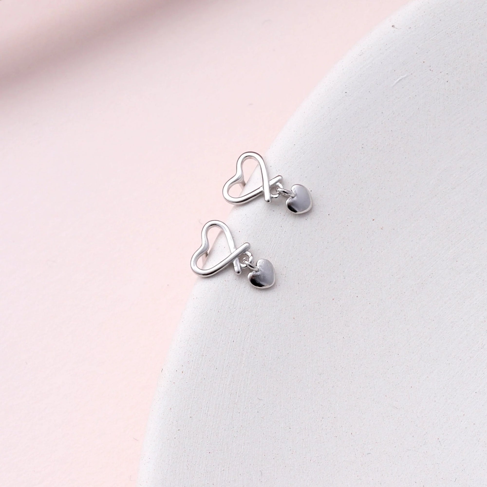 Love You Lots - Message in a Bottle - Sterling Silver double Heart Drop Stud Earrings