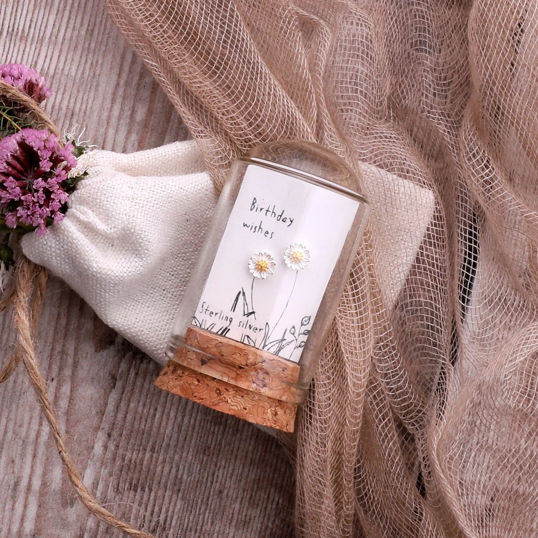 Birthday Wishes -Terranium Bottle - Daisy Flower Stud Earrings- Sterling Silver