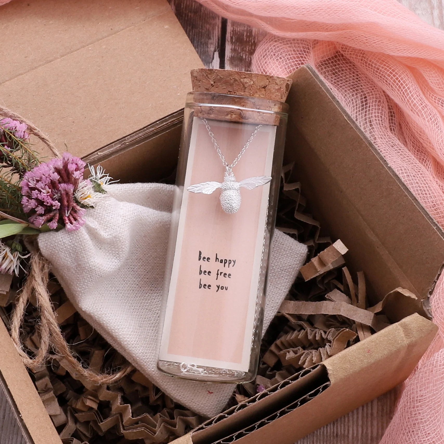 Be Happy Bee Free Bee You - Message in a Bottle - Sterling Silver Bumble Bee Necklace