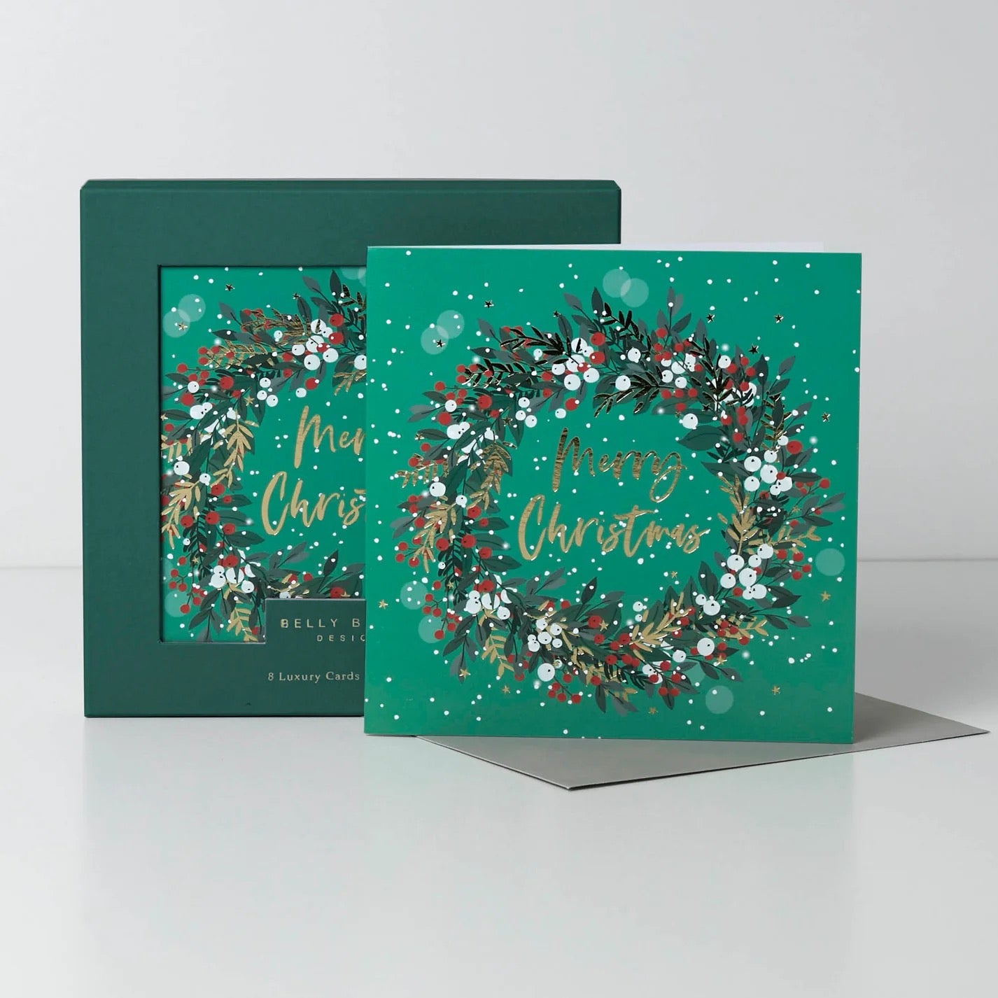 Belly Button Green Winter Wreath - Luxury Box Christmas Cards - 8 Pack