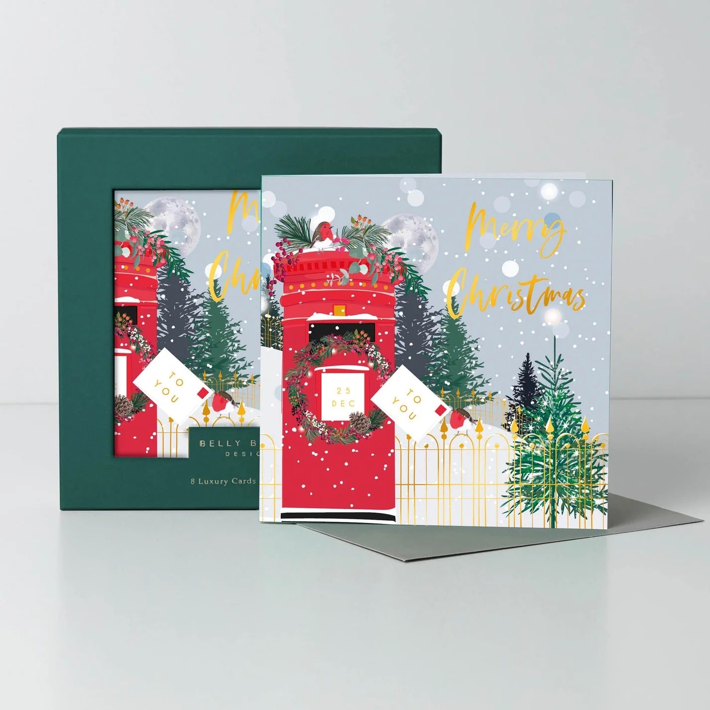Belly Button Postbox Robins - Luxury Box Christmas Cards - 8 Pack