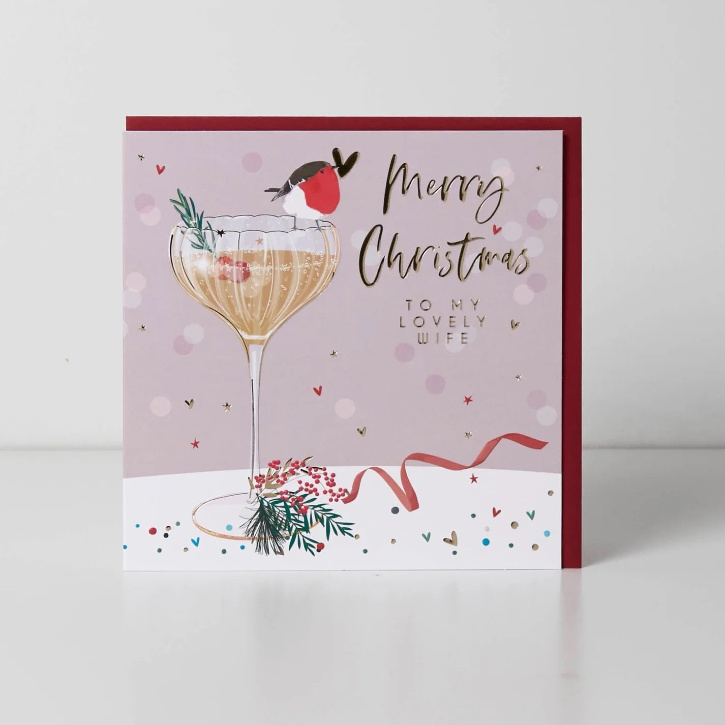Belly Button Merry Christmas Lovely Wife - Robin & Festive Cocktail - Christmas Card