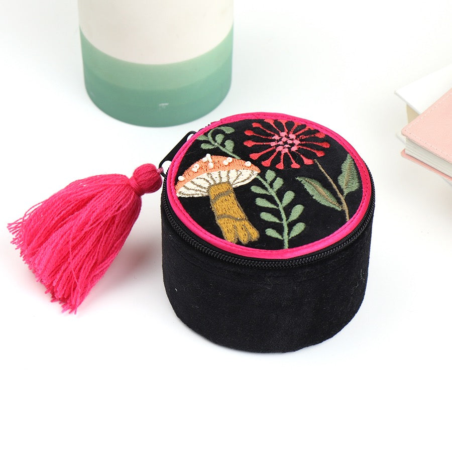 POM Midnight Velvet - Toadstools - Embroidered Round Mini Jewellery Box