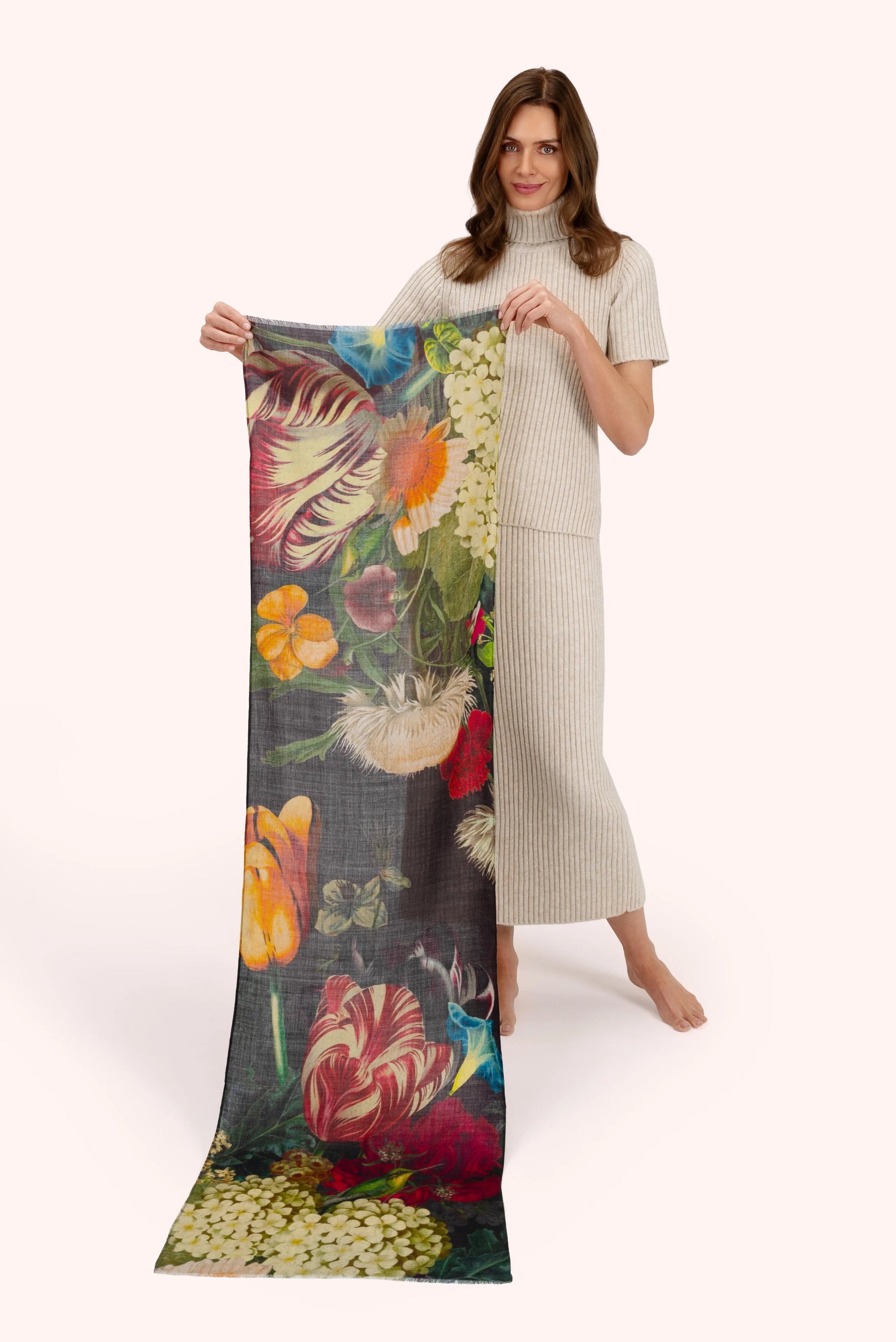Powder Wool Fine Scarf - Opulent Florals - Chocolate