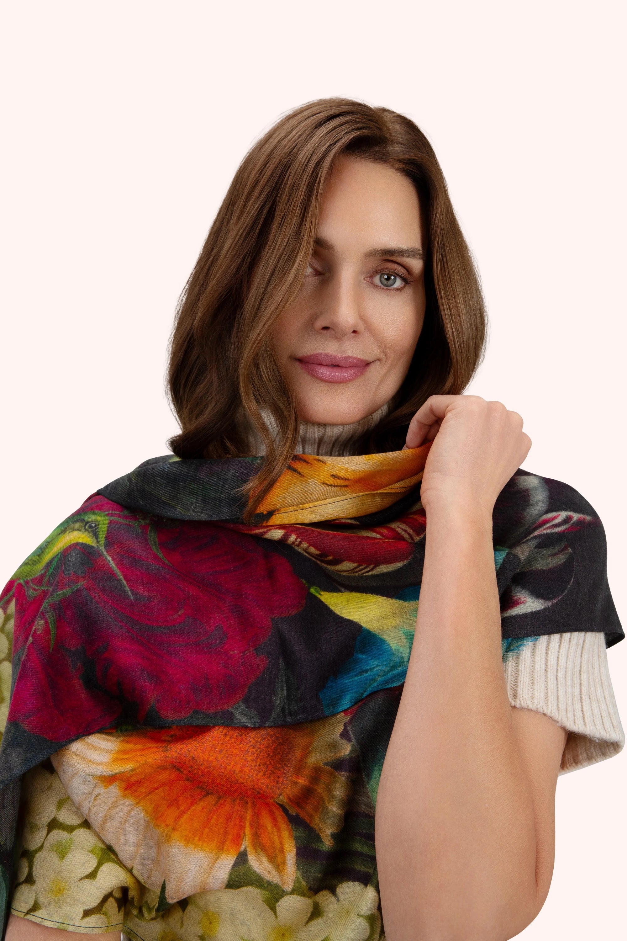 Powder Wool Fine Scarf - Opulent Florals - Chocolate