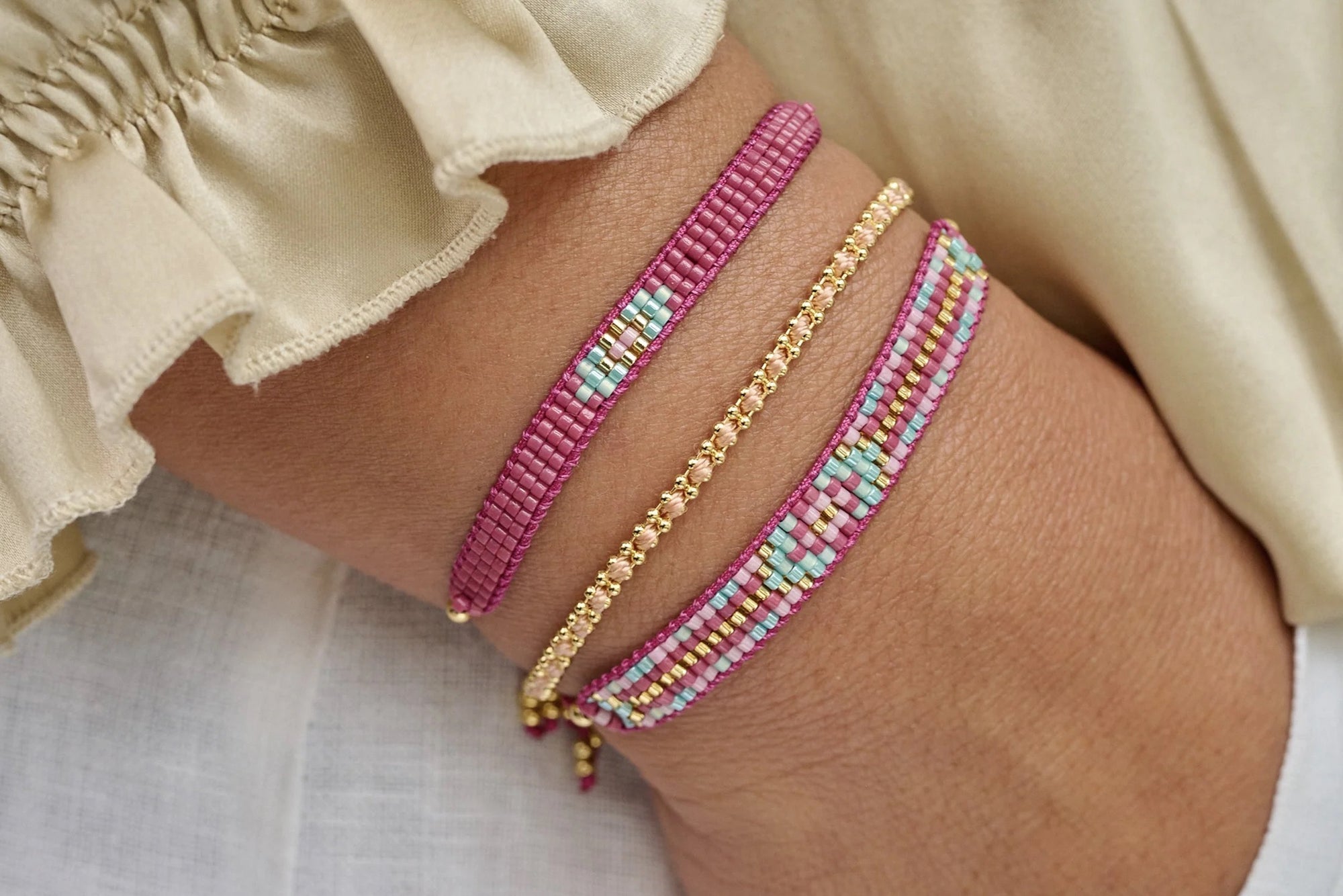 Boho Betty Fantasy Pink Friendship Beaded Cord Slider Bracelet