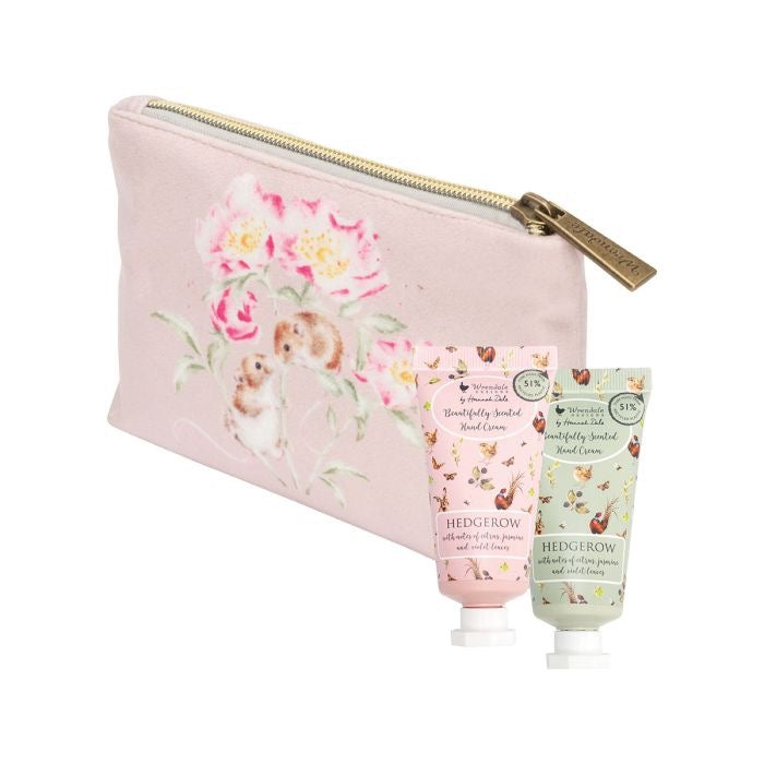 'Hedgerow' Hare & Mouse Mini Hand Cream Gift Set in Velvet Pouch - Wrendale Designs (Pink)