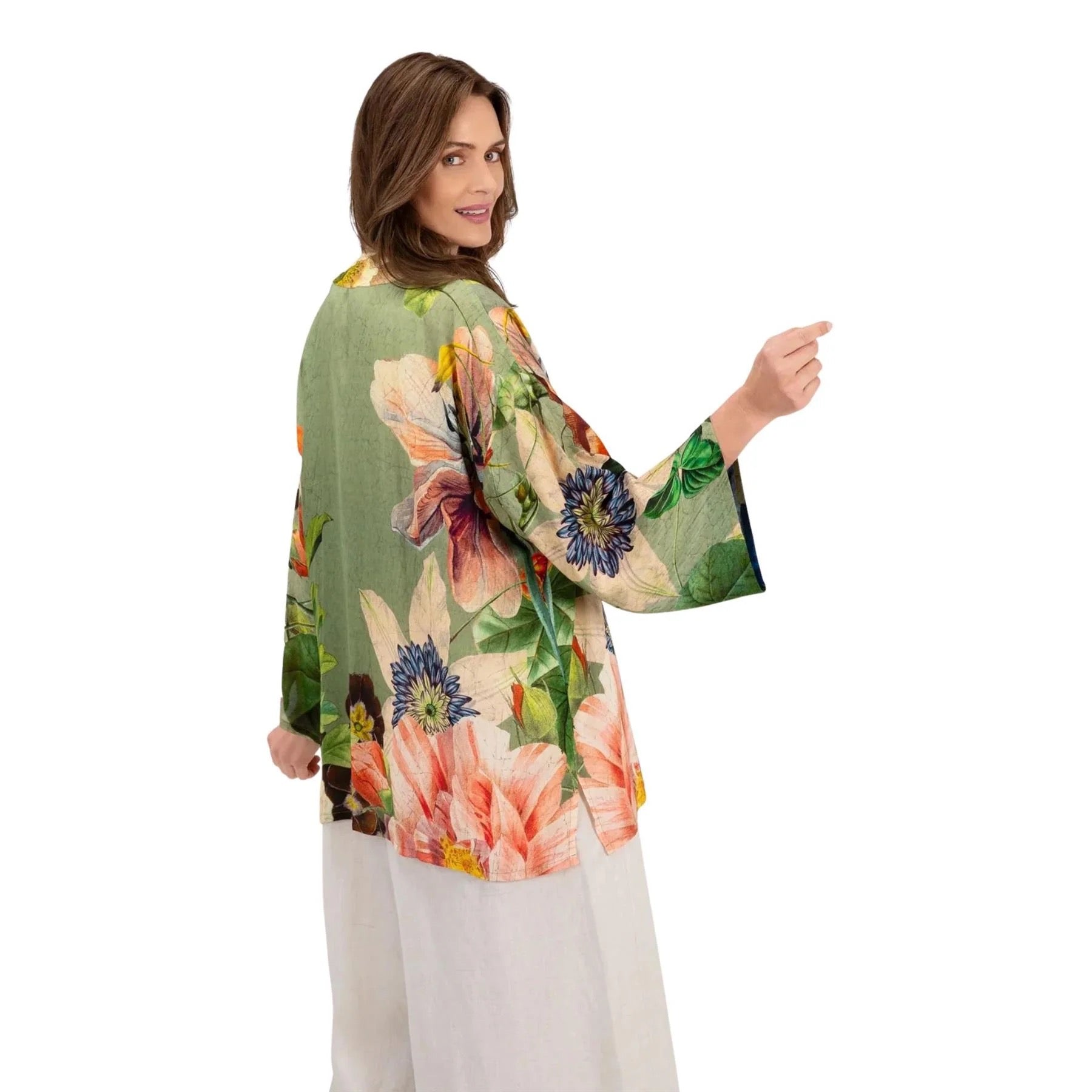 Powder Botanical Bouquet Mid-Length Kimono - Sage