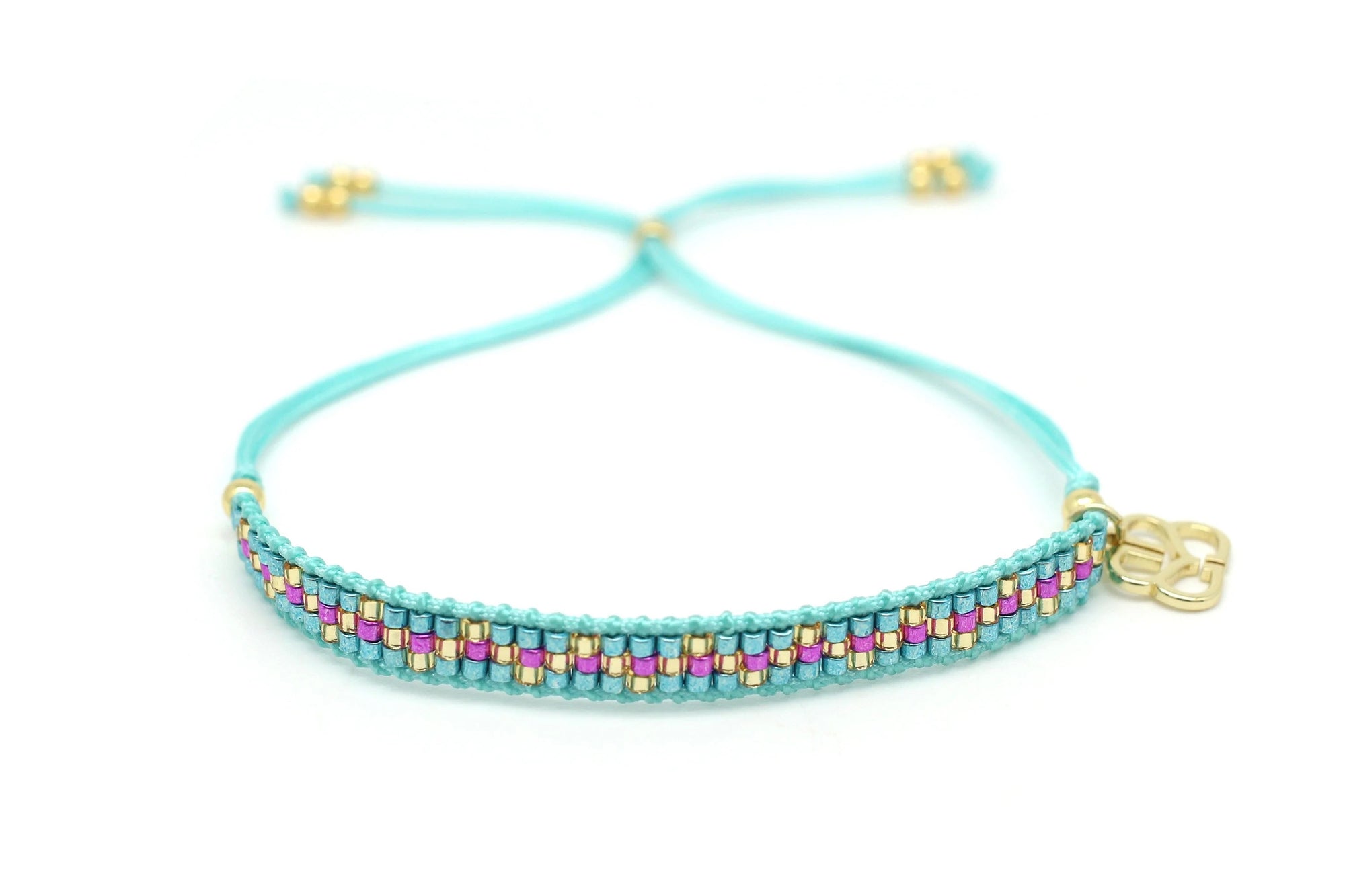 Boho Betty Crus Turquoise Pink Friendship Beaded Cord Slider Bracelet