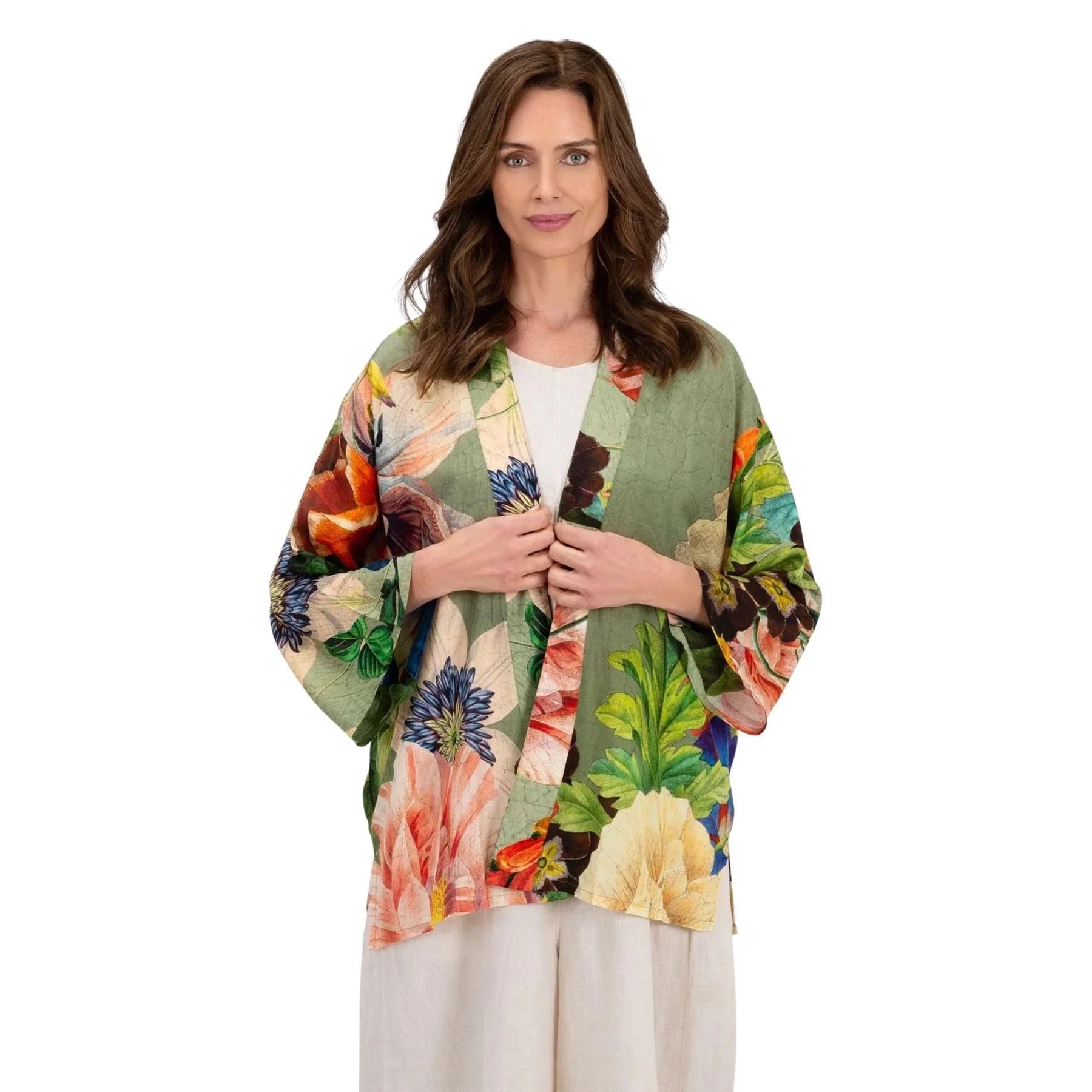 Powder Botanical Bouquet Mid-Length Kimono - Sage