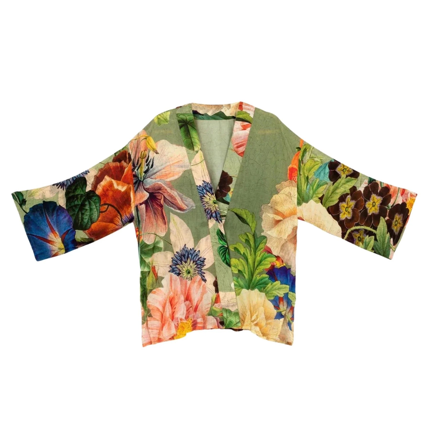 Powder Botanical Bouquet Mid-Length Kimono - Sage