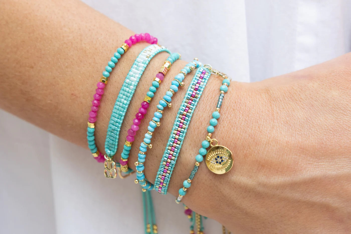 Boho Betty Crus Turquoise Pink Friendship Beaded Cord Slider Bracelet