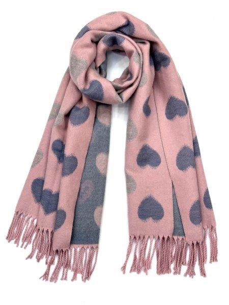 Pink & Soft Lilac - Retro Heart - Reversible Tassel Scarf - Cashmere Blend