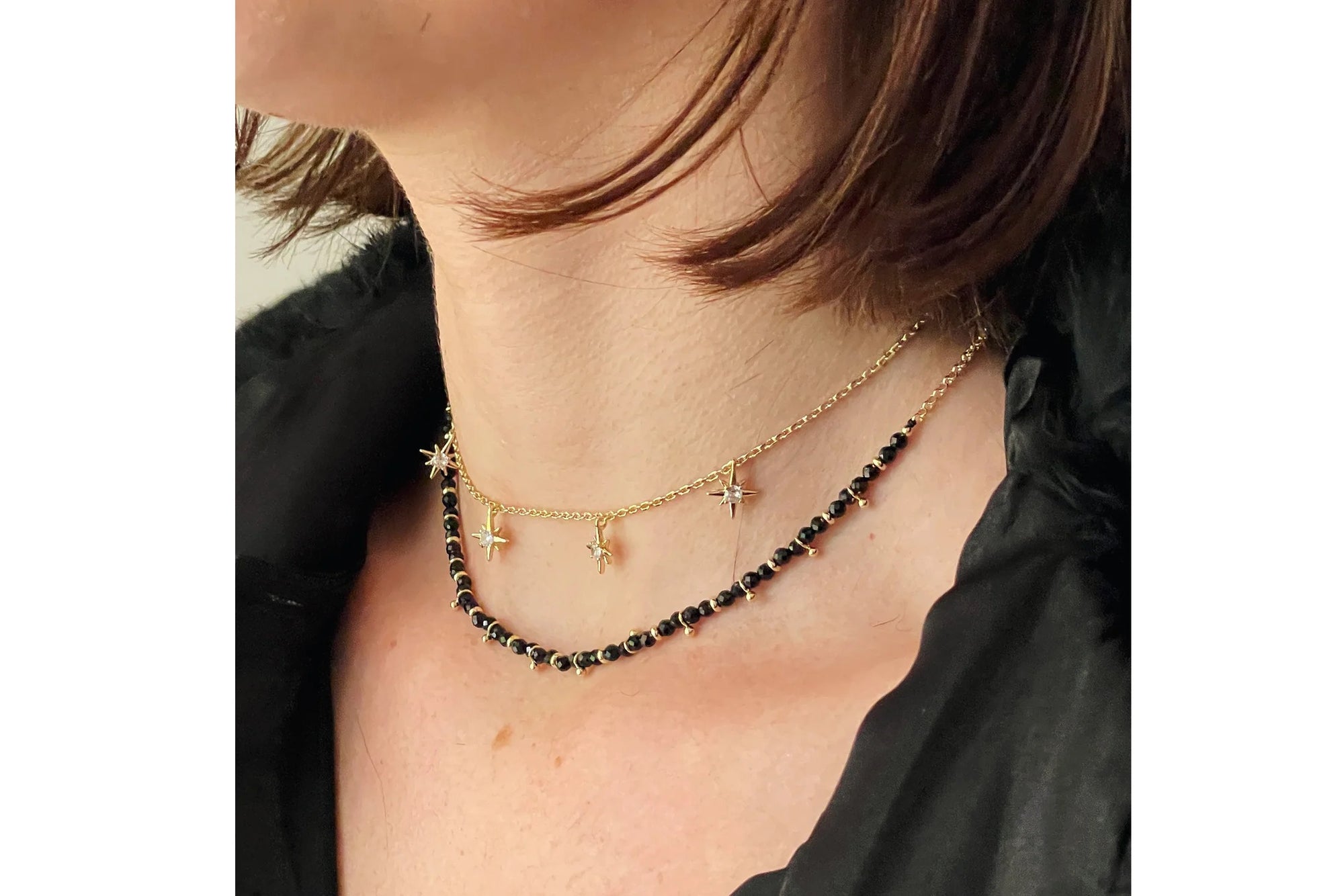 Boho Betty Salus Black Spinel Half Beaded Gold Necklace