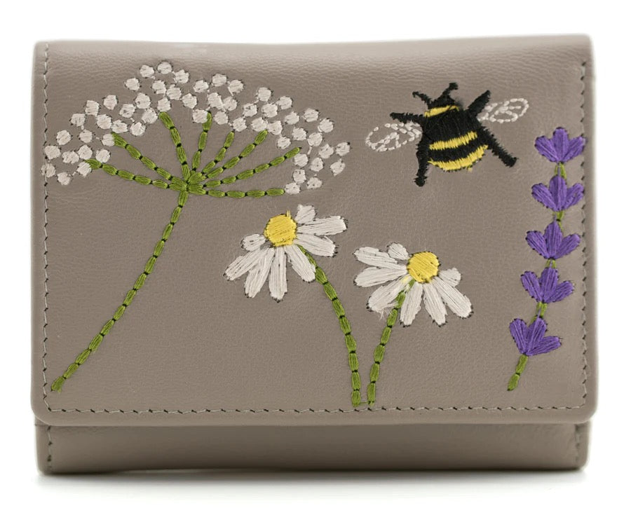 Mala Leather Bee & Blossom Tri-Fold Purse - Grey