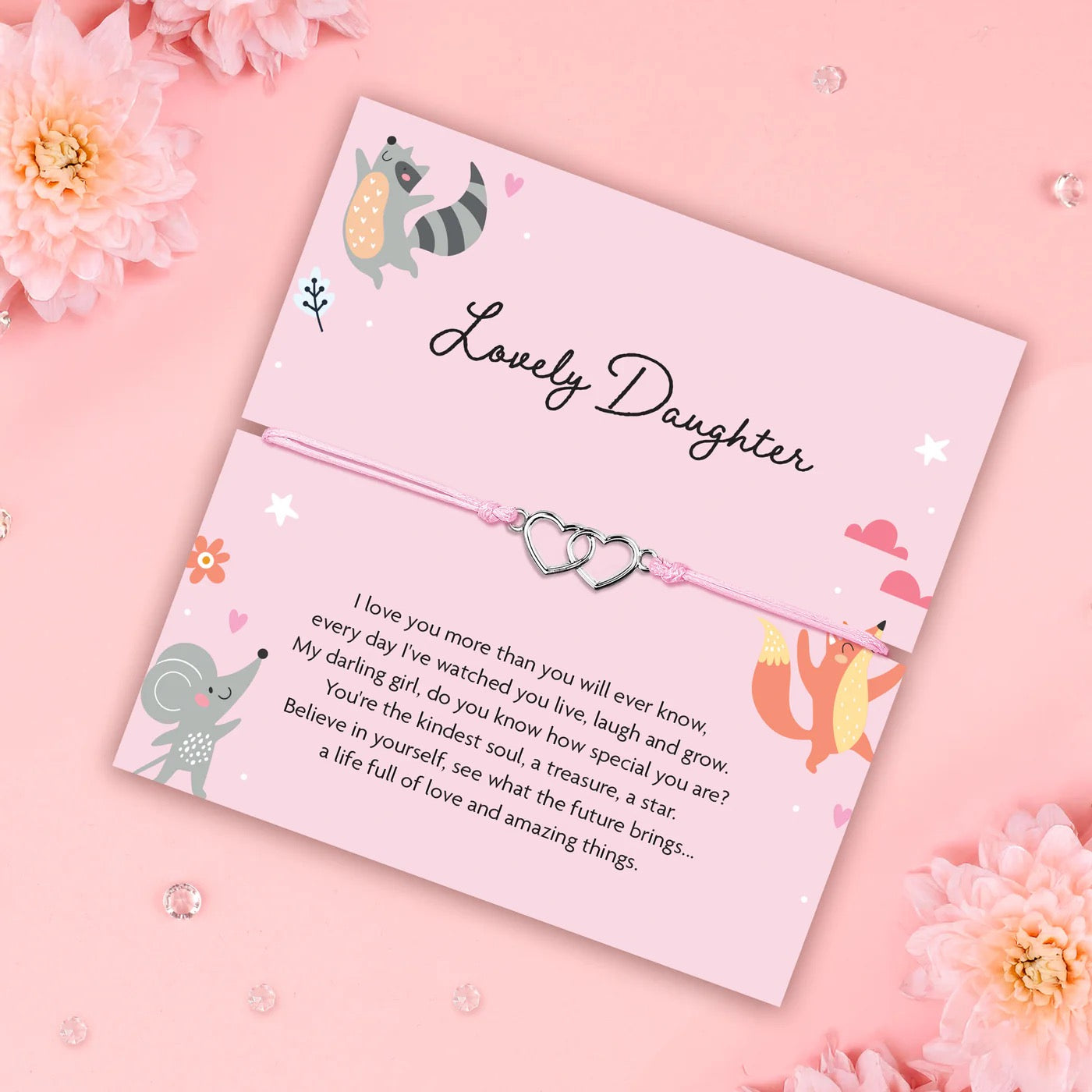 Letterbox Love - Lovely Daughter - Interlocking Hearts - Pink Cord Bracelet