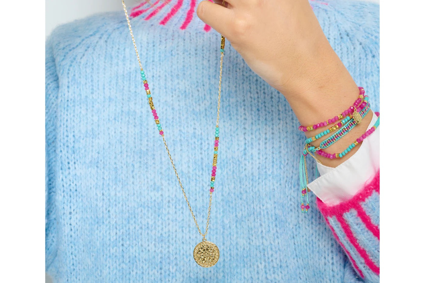 Boho Betty Crus Turquoise Pink Friendship Beaded Cord Slider Bracelet