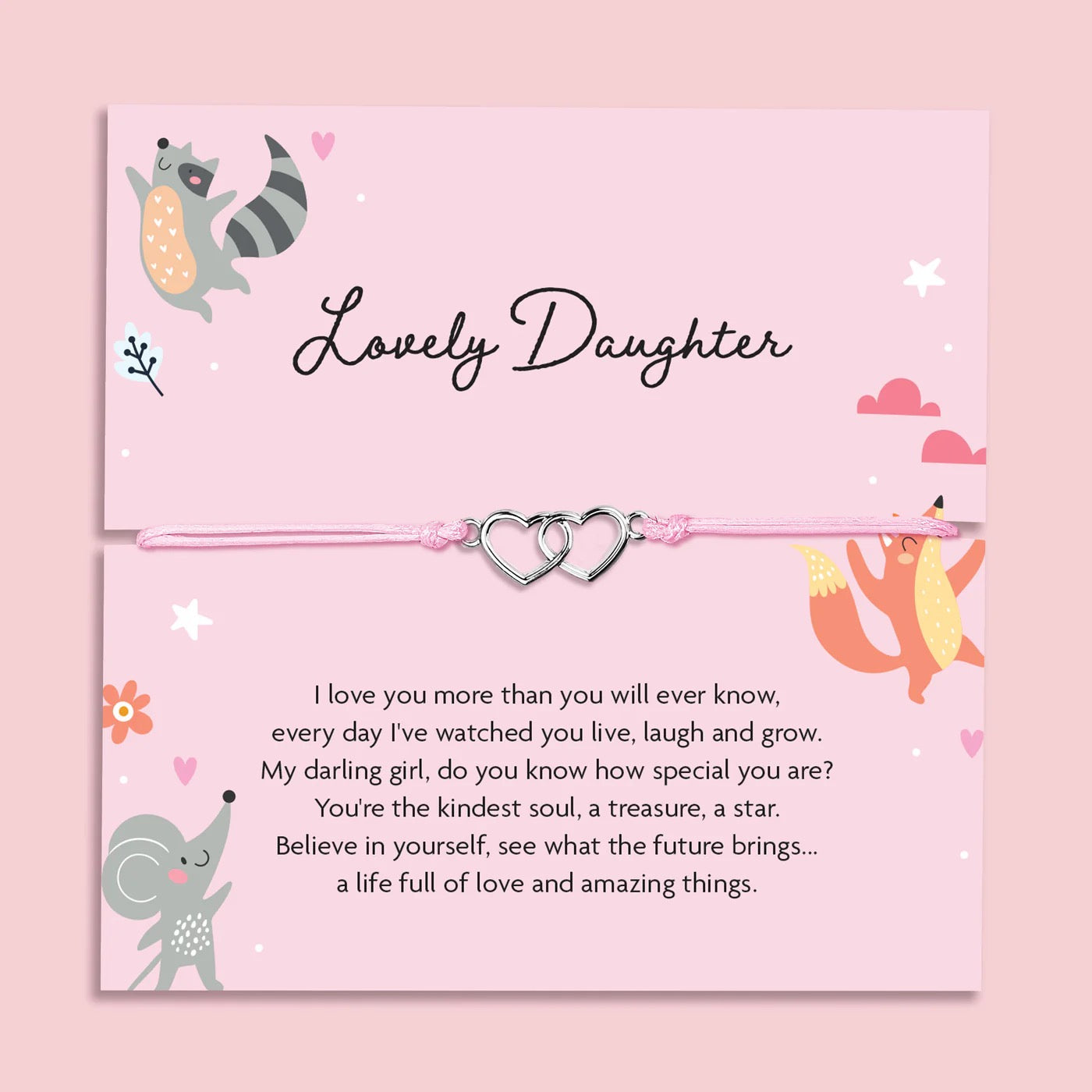 Letterbox Love - Lovely Daughter - Interlocking Hearts - Pink Cord Bracelet