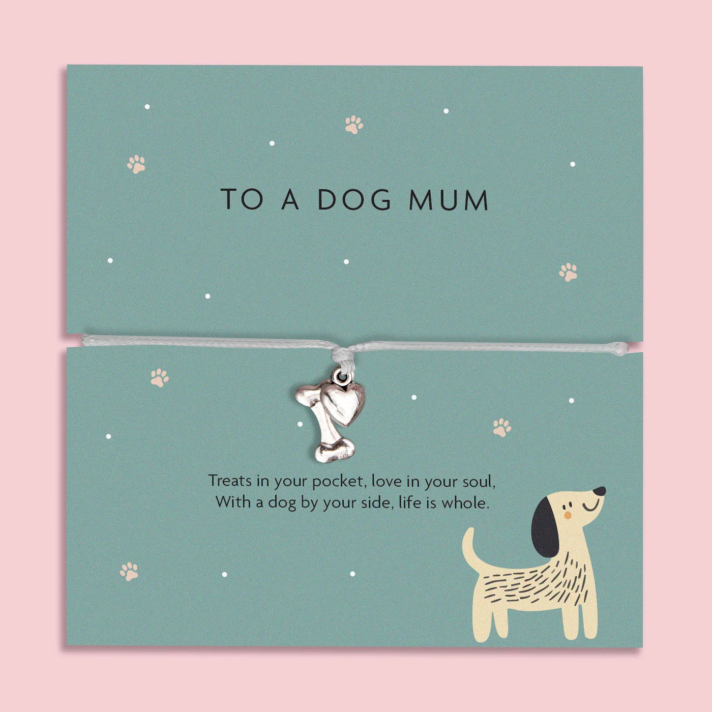 Letterbox Love - To a Dog Mum - Bone & Heart - Grey Cord Bracelet