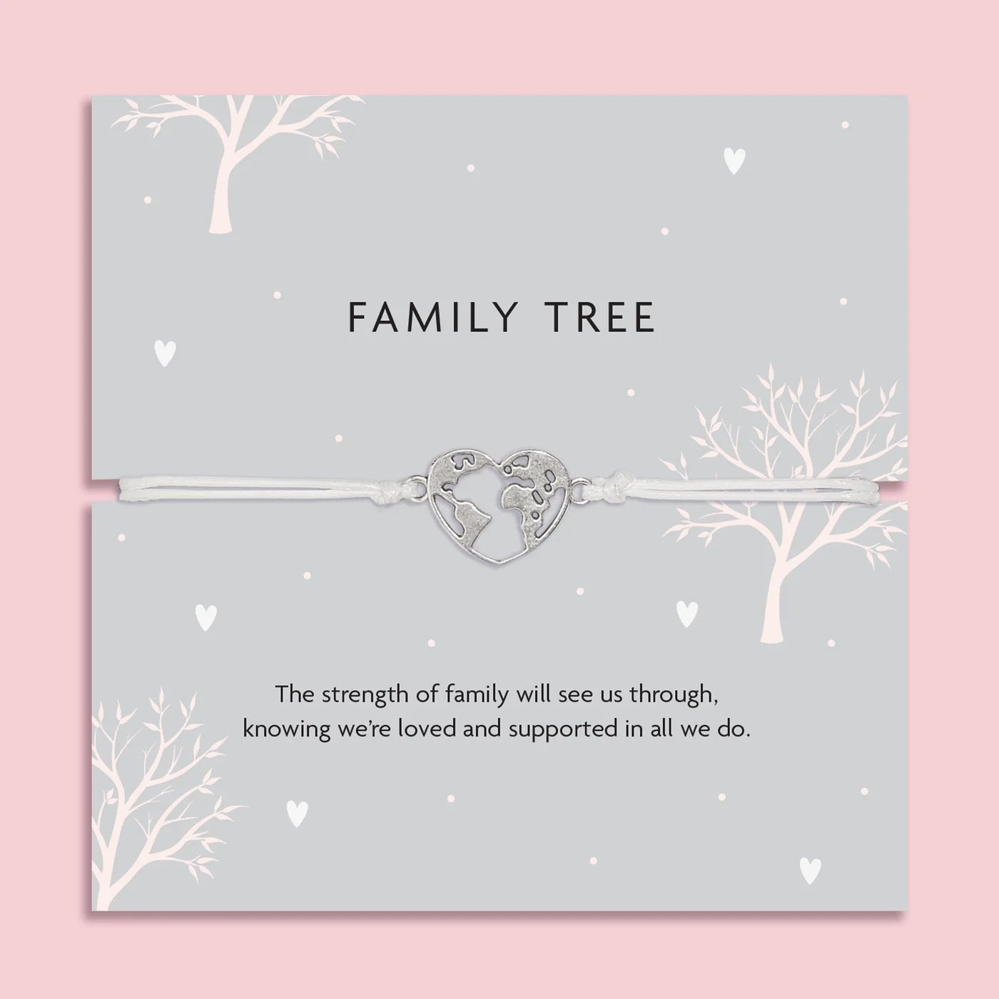 Letterbox Love - Family Tree - World Heart Charm - White Cord Bracelet