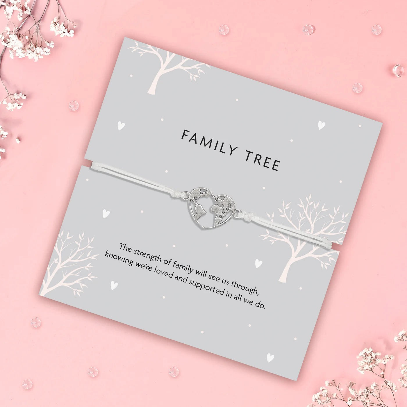 Letterbox Love - Family Tree - World Heart Charm - White Cord Bracelet