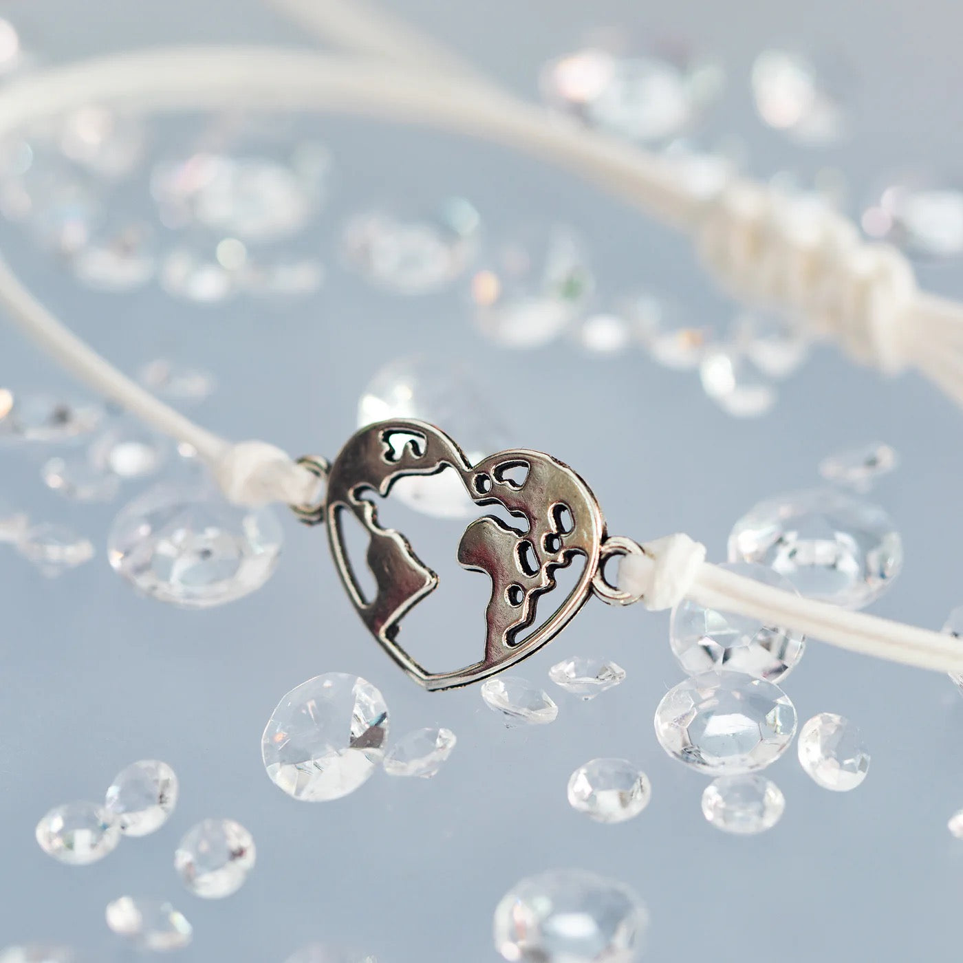Letterbox Love - Family Tree - World Heart Charm - White Cord Bracelet