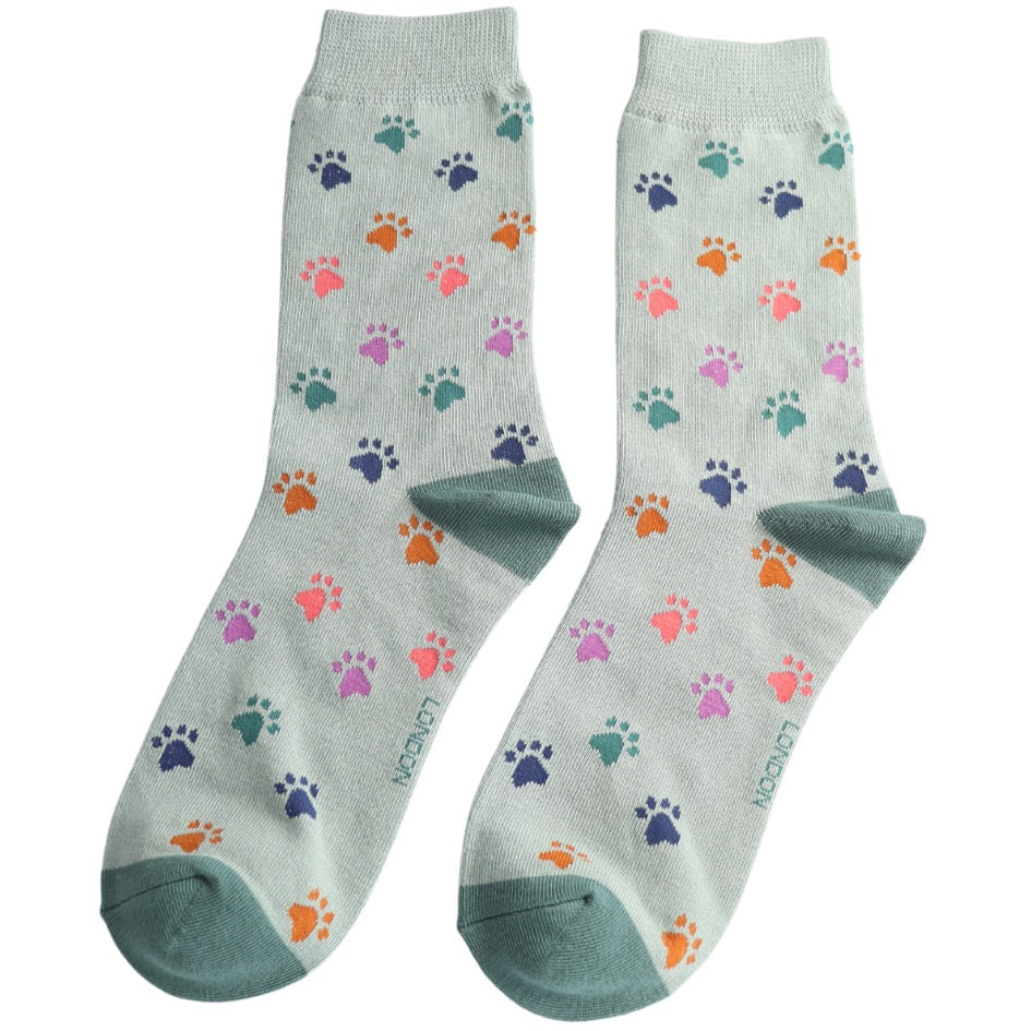 Miss Sparrow Bamboo Ankle Socks - Multi Paw Prints - Duck Egg Blue