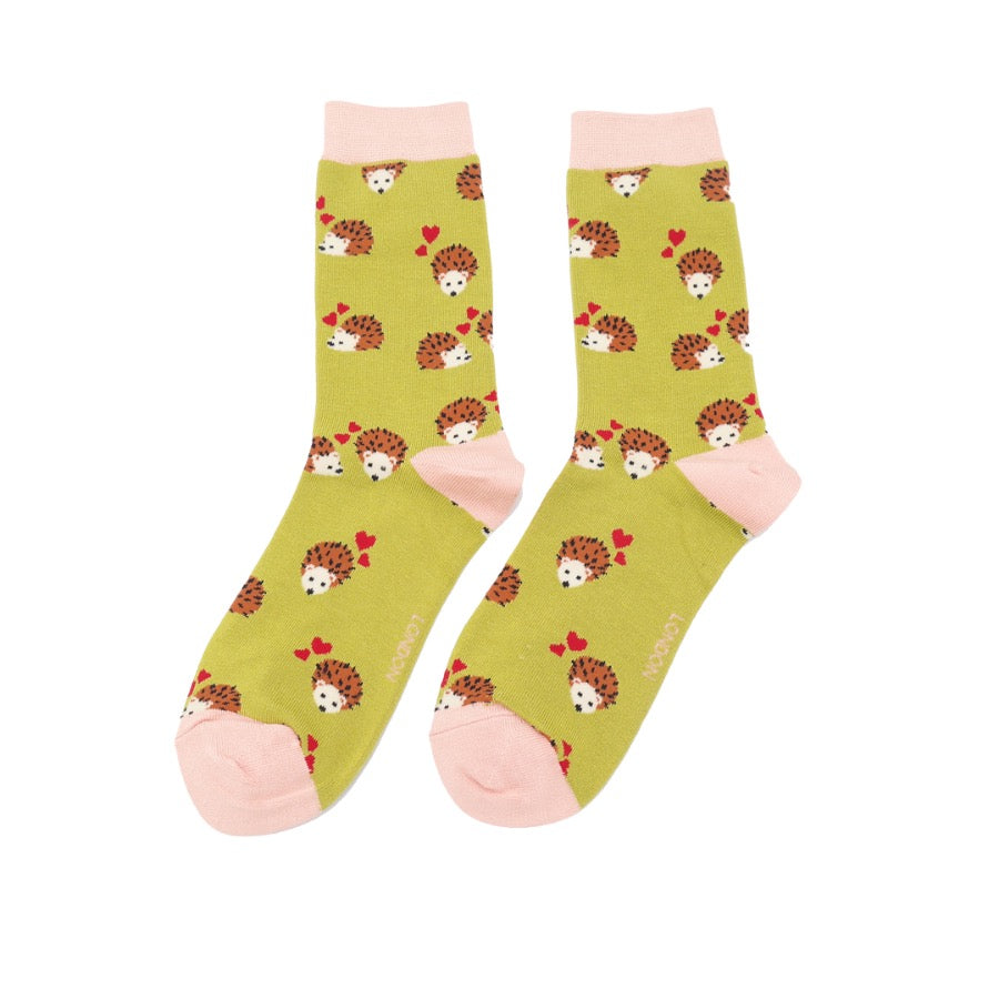 Miss Sparrow Bamboo Ankle Socks - Hearts & Hedgehogs - Green