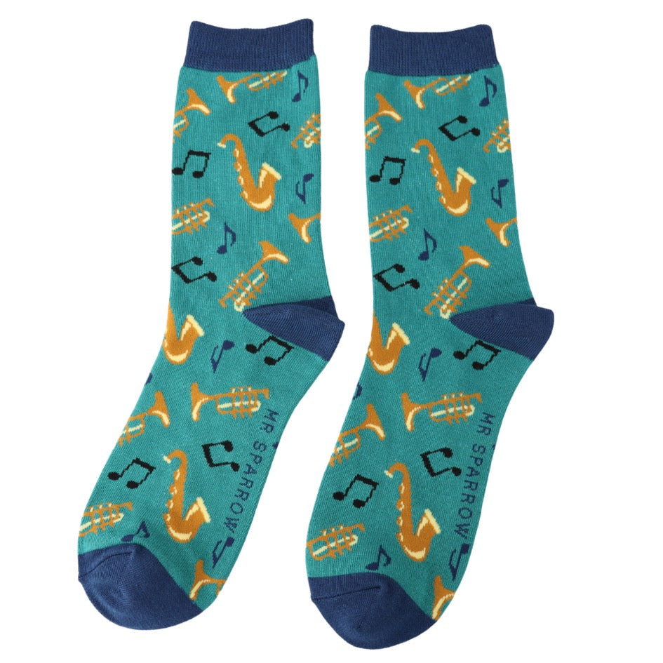Mr Sparrow MENS Bamboo Ankle Socks - Brass Band - Teal Blue