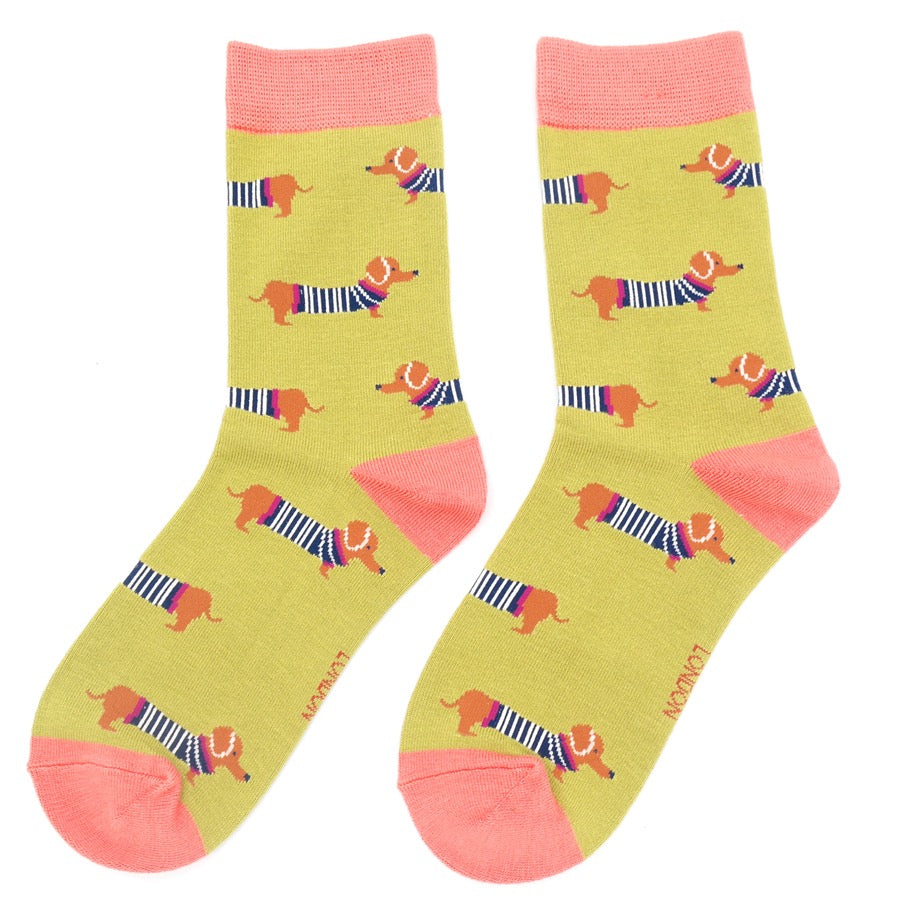 Miss Sparrow Ladies Bamboo Ankle Socks - Parisian Pups- Olive Green