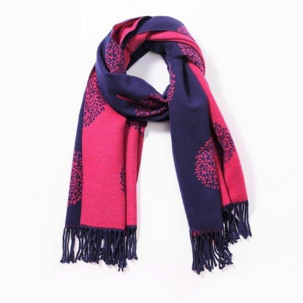 Navy & Fuchsia Pink Tree of Life Reversible Tassel Scarf - Cashmere Blend