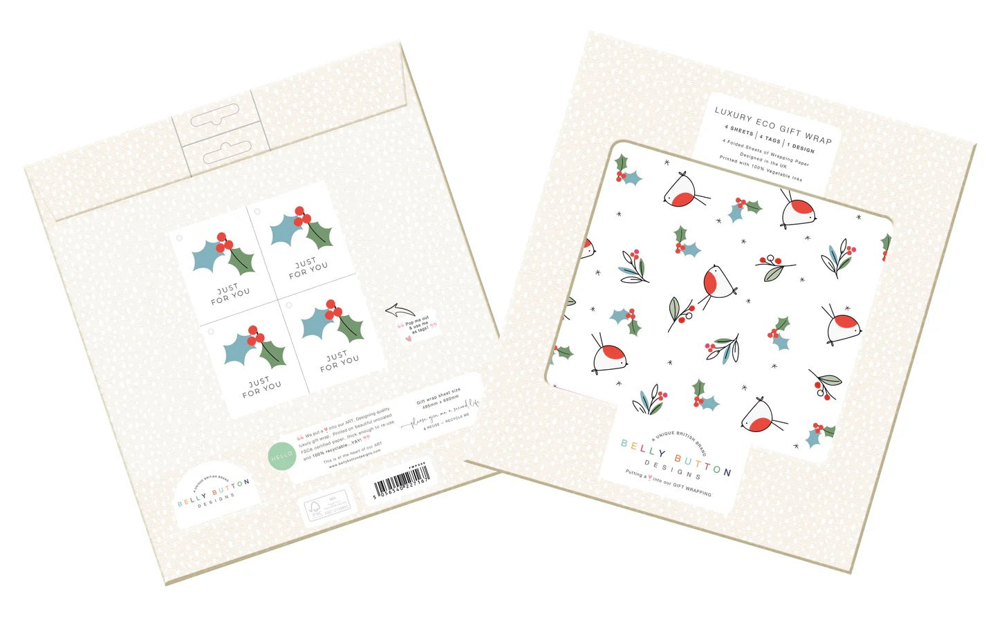 Belly Button Eco Luxury Flatwrap Pack - Jolly Jingles Robin & Holly - Pk 4 Sheets & Tags on