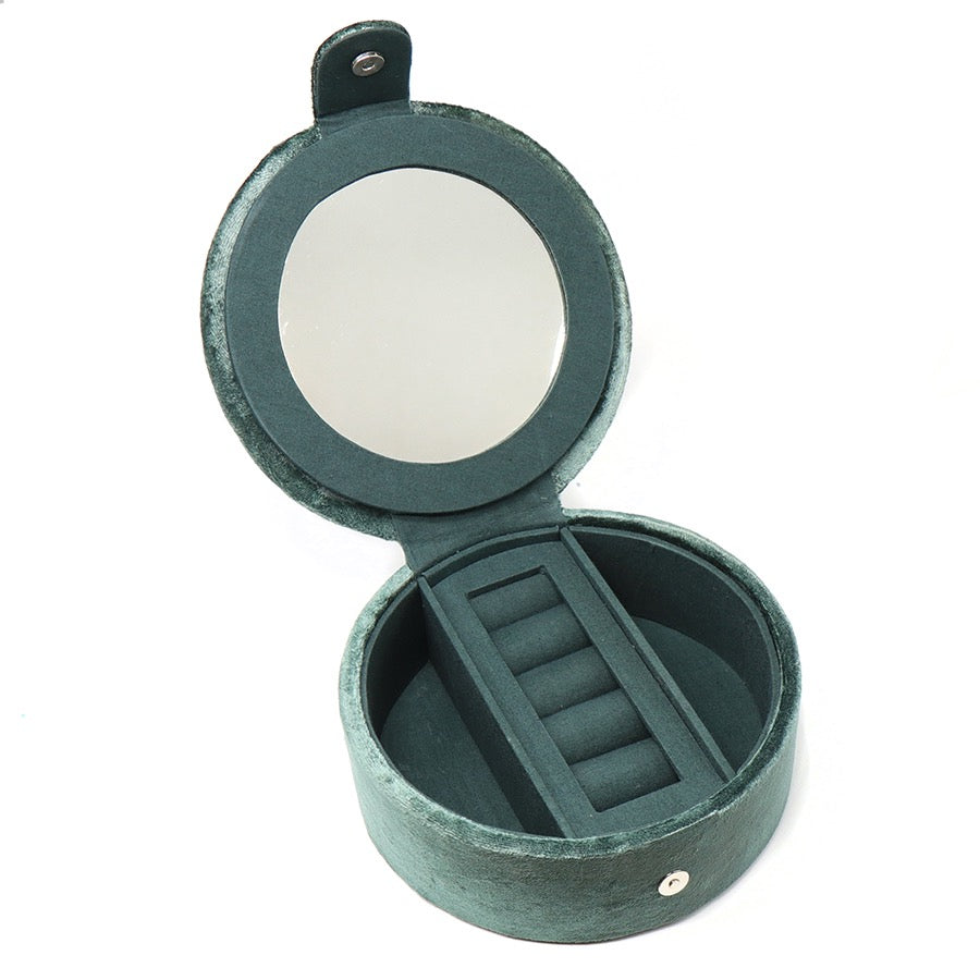 POM Midnight Green Velvet Leaping Hare Round Jewellery Box