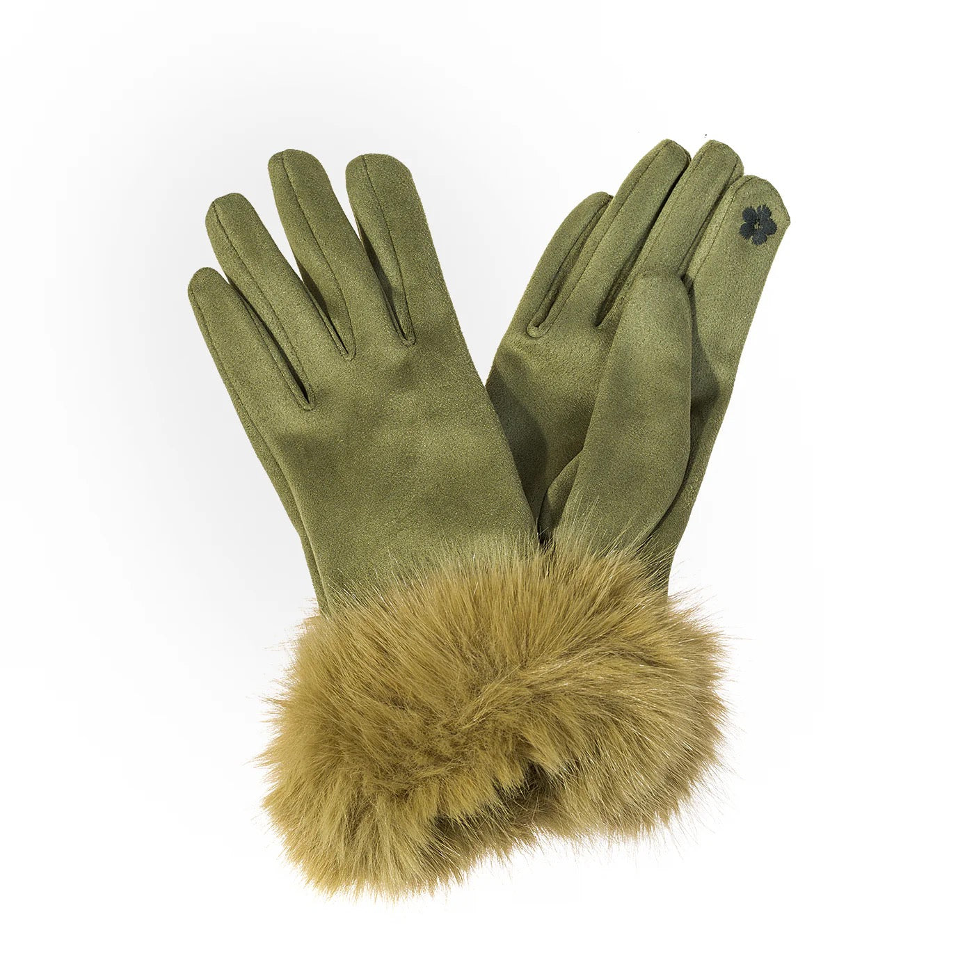 Park Lane Faux Suede Ladies Gloves with Statement Faux Fur Cuffs - Artichoke
