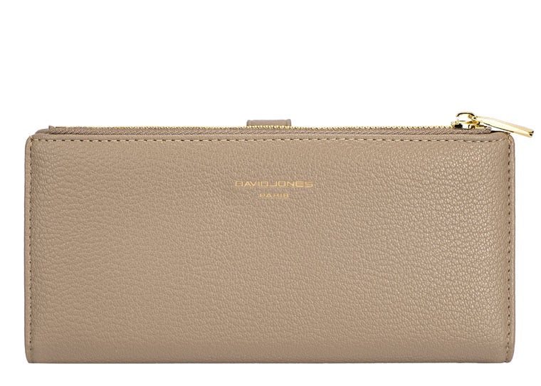 David Jones Faux Pebble Leather Long Slimline Flap Over Zip Purse - Warm Taupe
