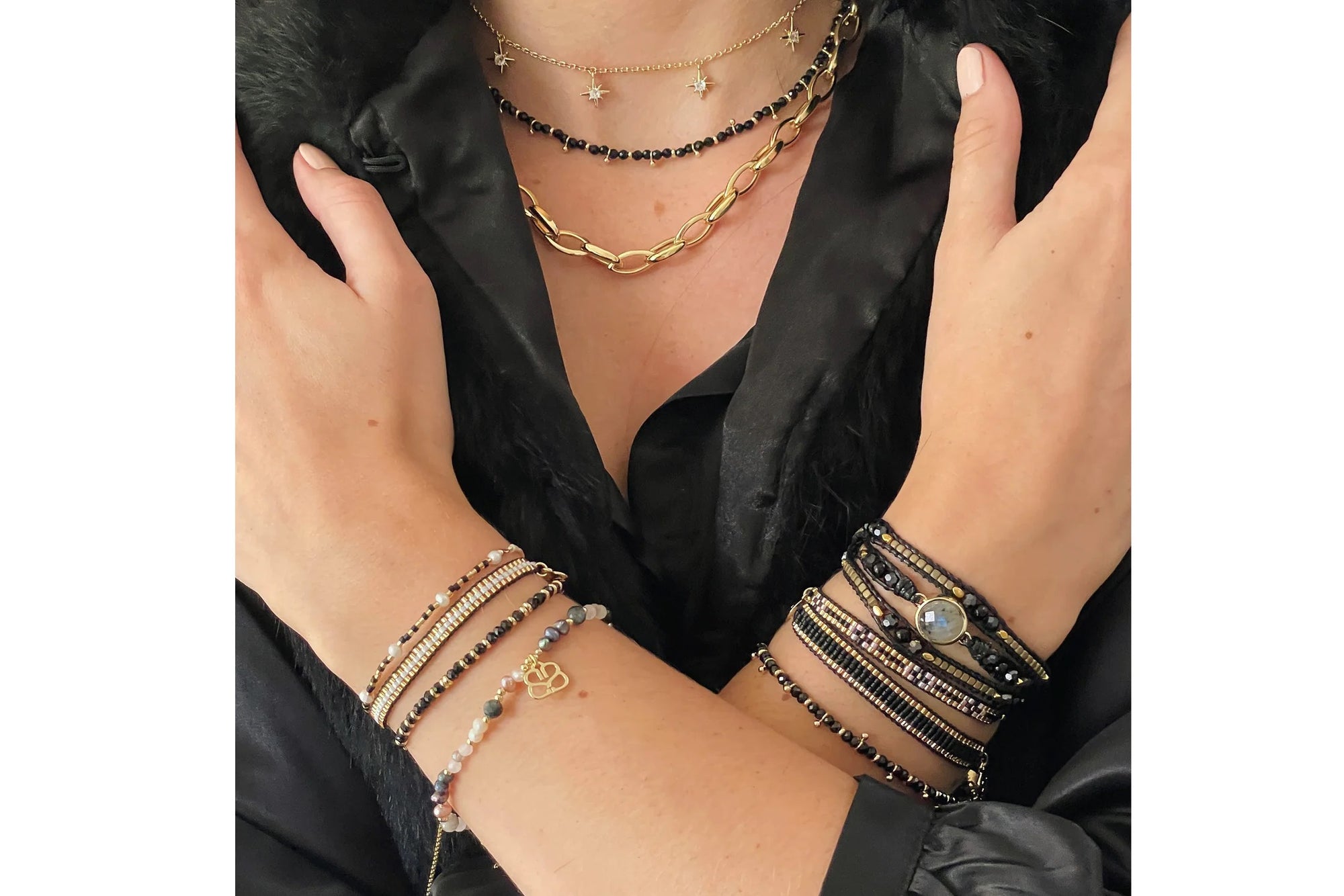 Boho Betty Salus Black Spinel Half Beaded Gold Necklace