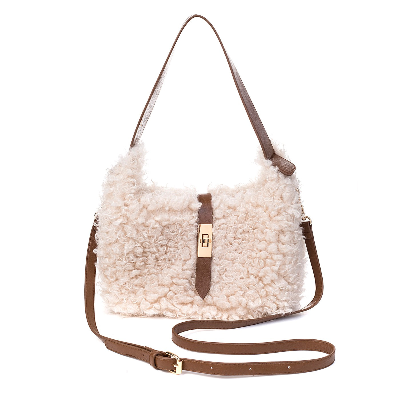 Park Lane Small Scoop Faux Sheep Fur Buckle Detail Handbag - Whipped Cream/Brown