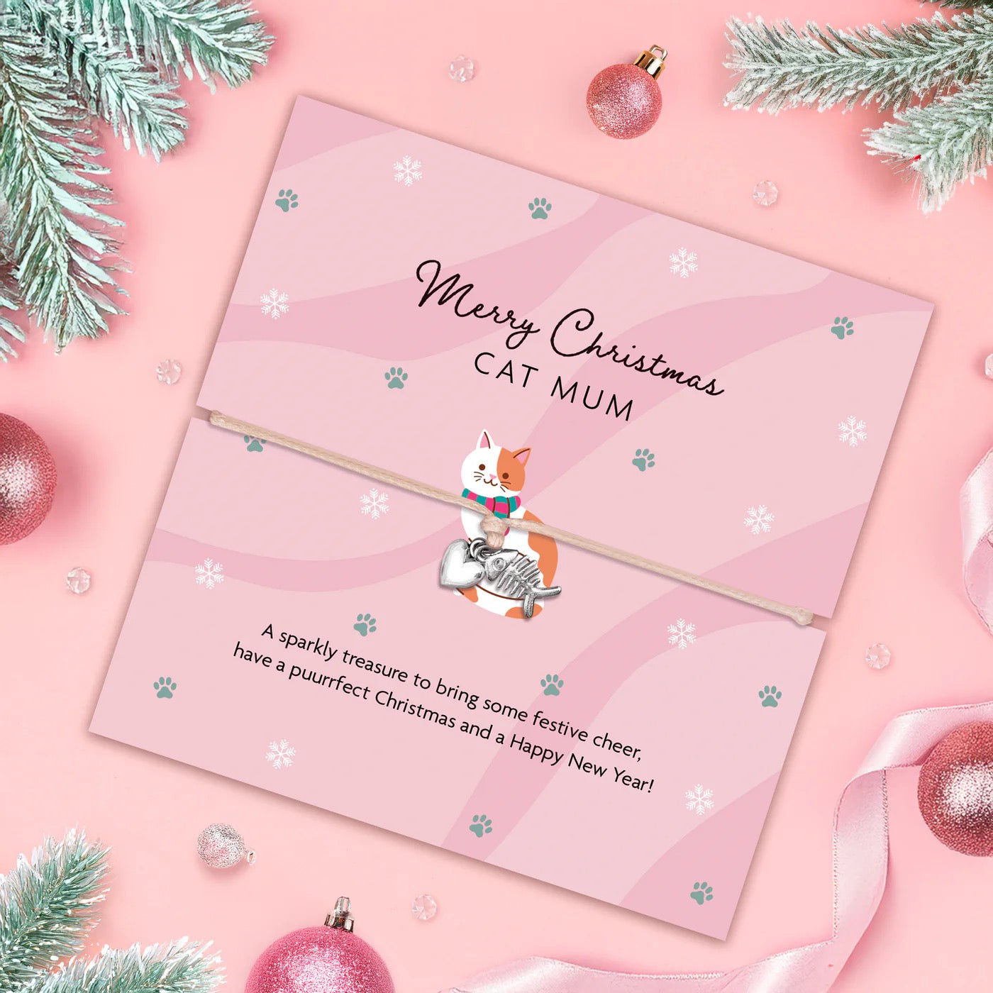 Letterbox Love - Merry Christmas Cat Mum - Fish & Heart - BOXED Cord Bracelet
