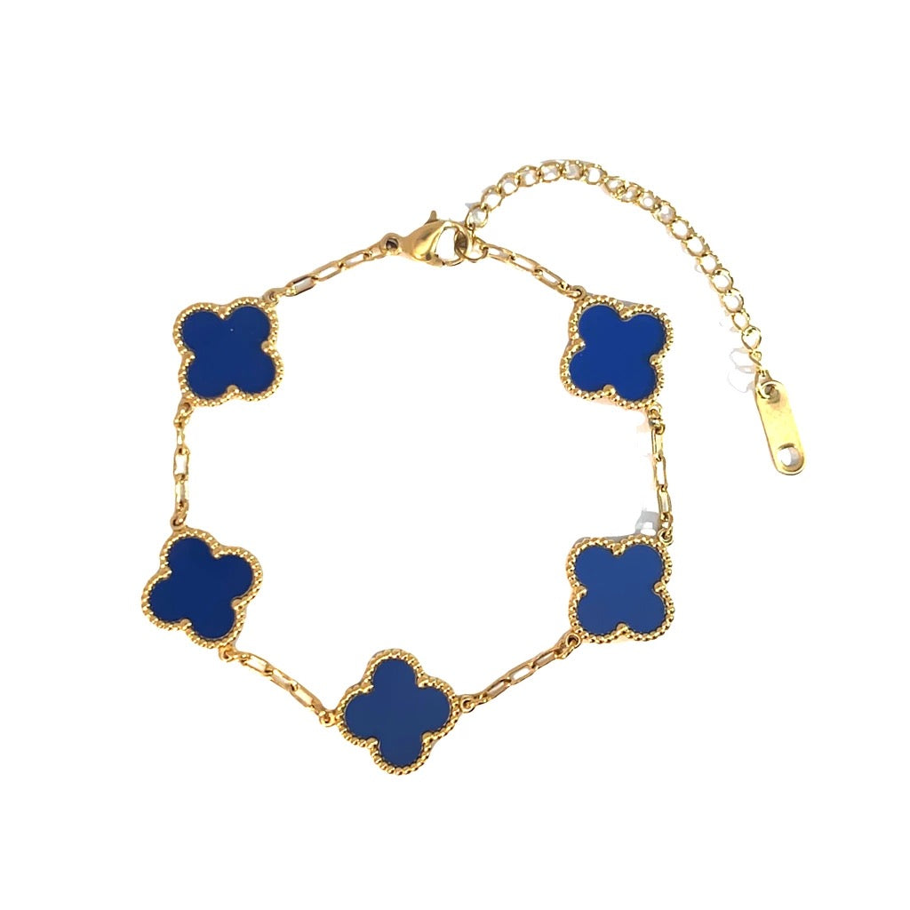 Byzantium Royal Blue Four Leaf Clover Double Sided Chain Bracelet - Gold