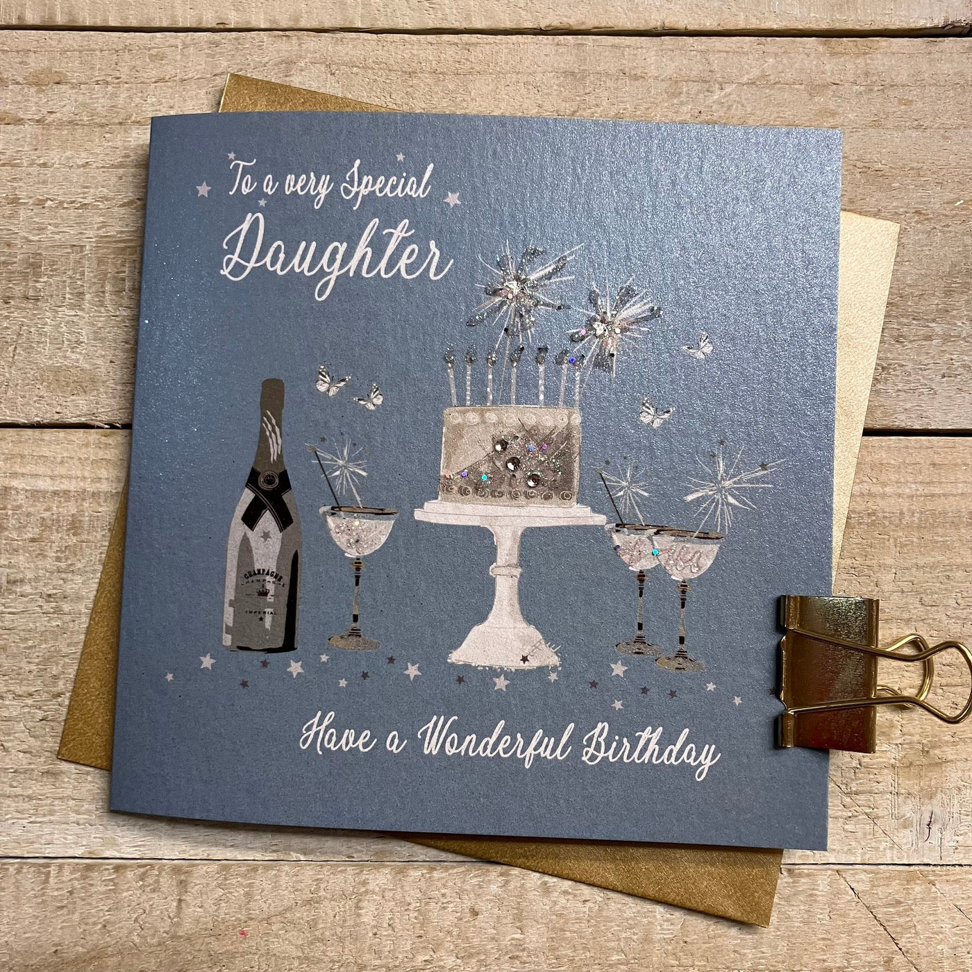 Special Daughter Birthday Teal Blue Sparkly Cake & Glasses Card - White Cotton Cards