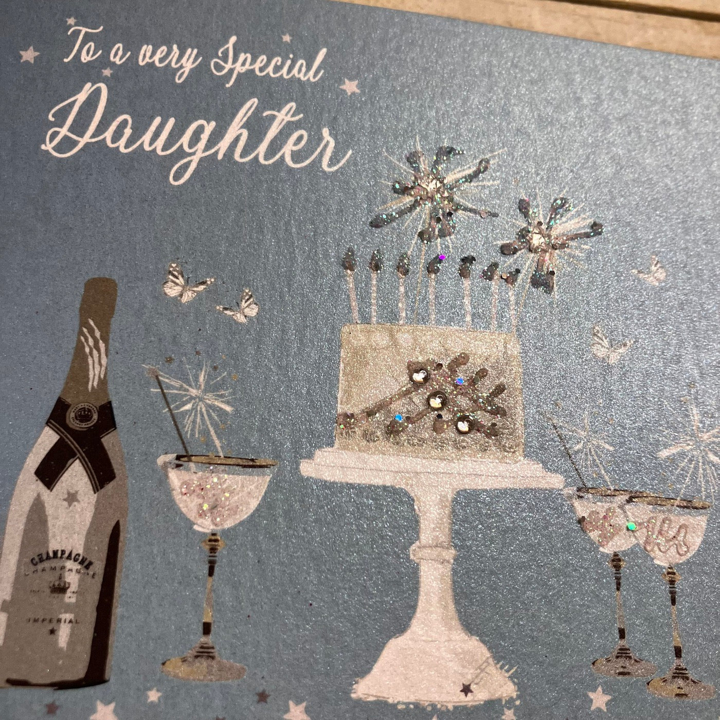 Special Daughter Birthday Teal Blue Sparkly Cake & Glasses Card - White Cotton Cards