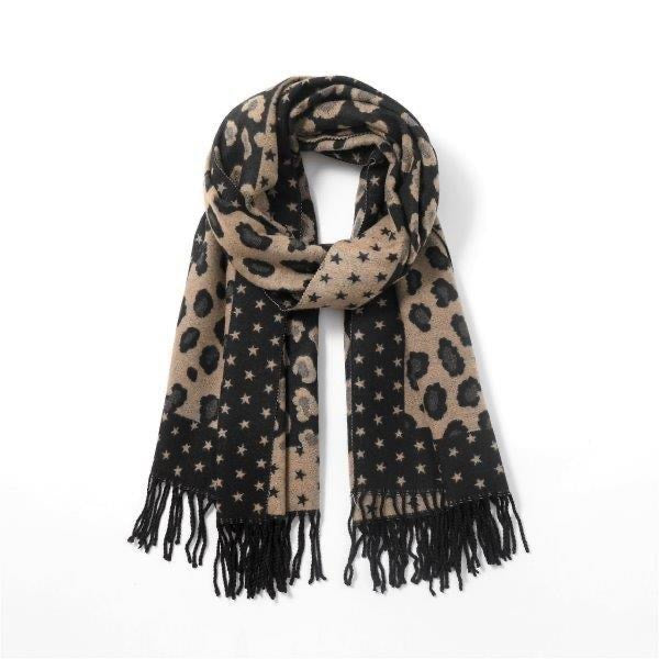 Black & Camel - Leopard & Star - Reversible Tassel Scarf - Cashmere Blend